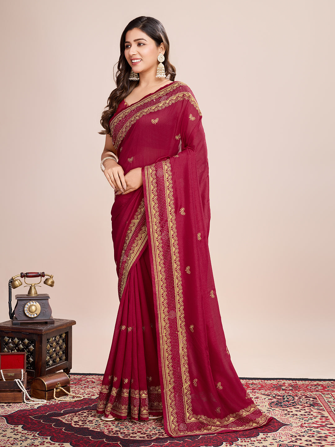 Red Vichitra Silk Girlie Looks Designer Embroidery Work Wedding Season Saree