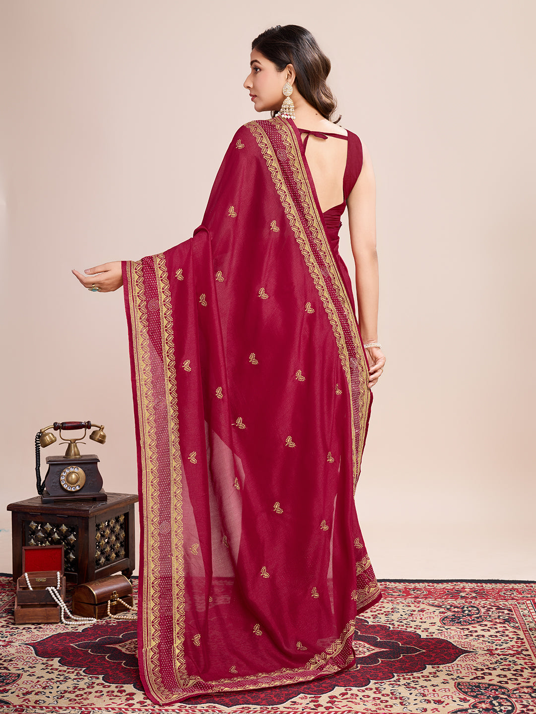 Red Vichitra Silk Girlie Looks Designer Embroidery Work Wedding Season Saree