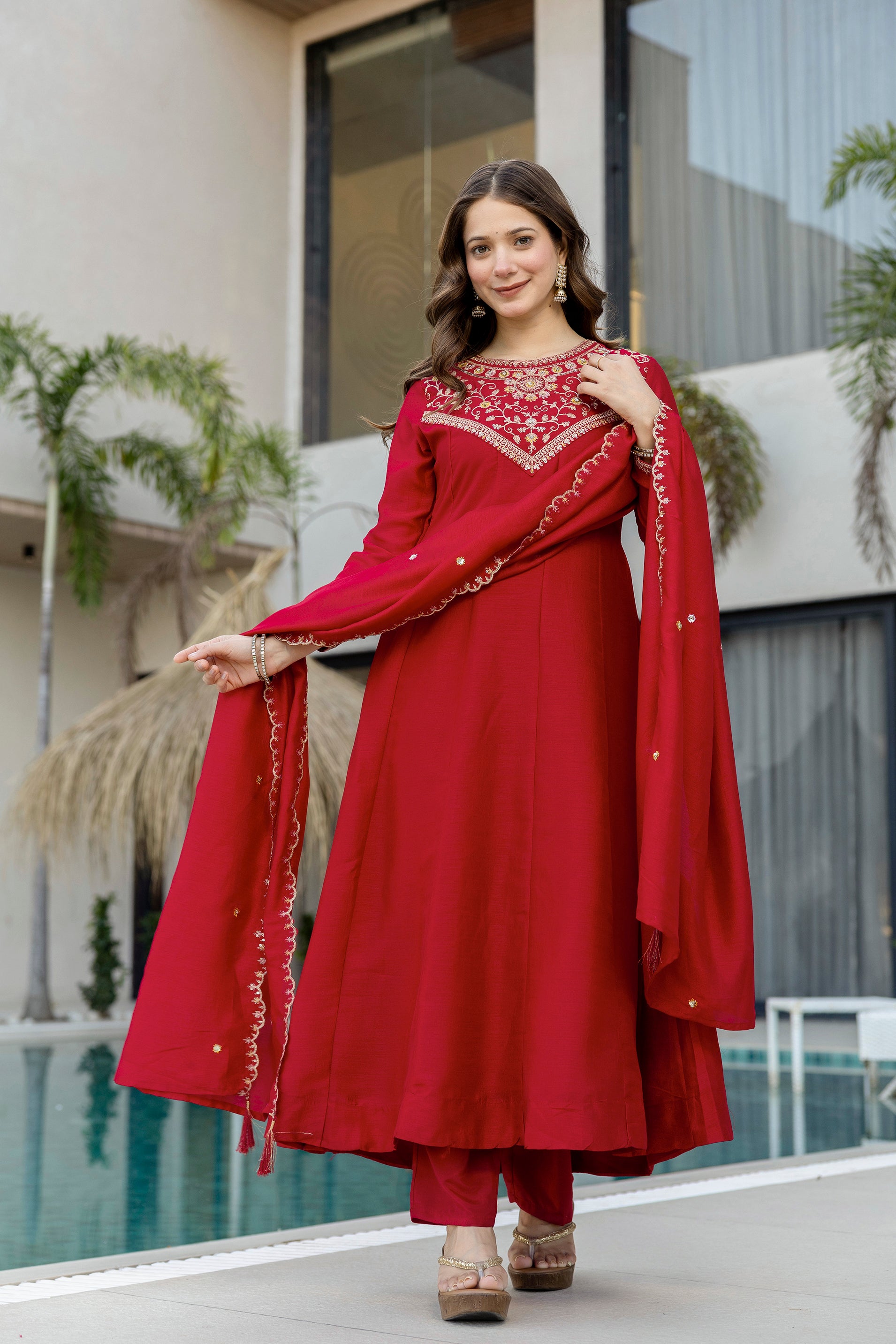 Red Vichitra Silk Kurta Pant Set With Heavy Thread Embroidery Work
