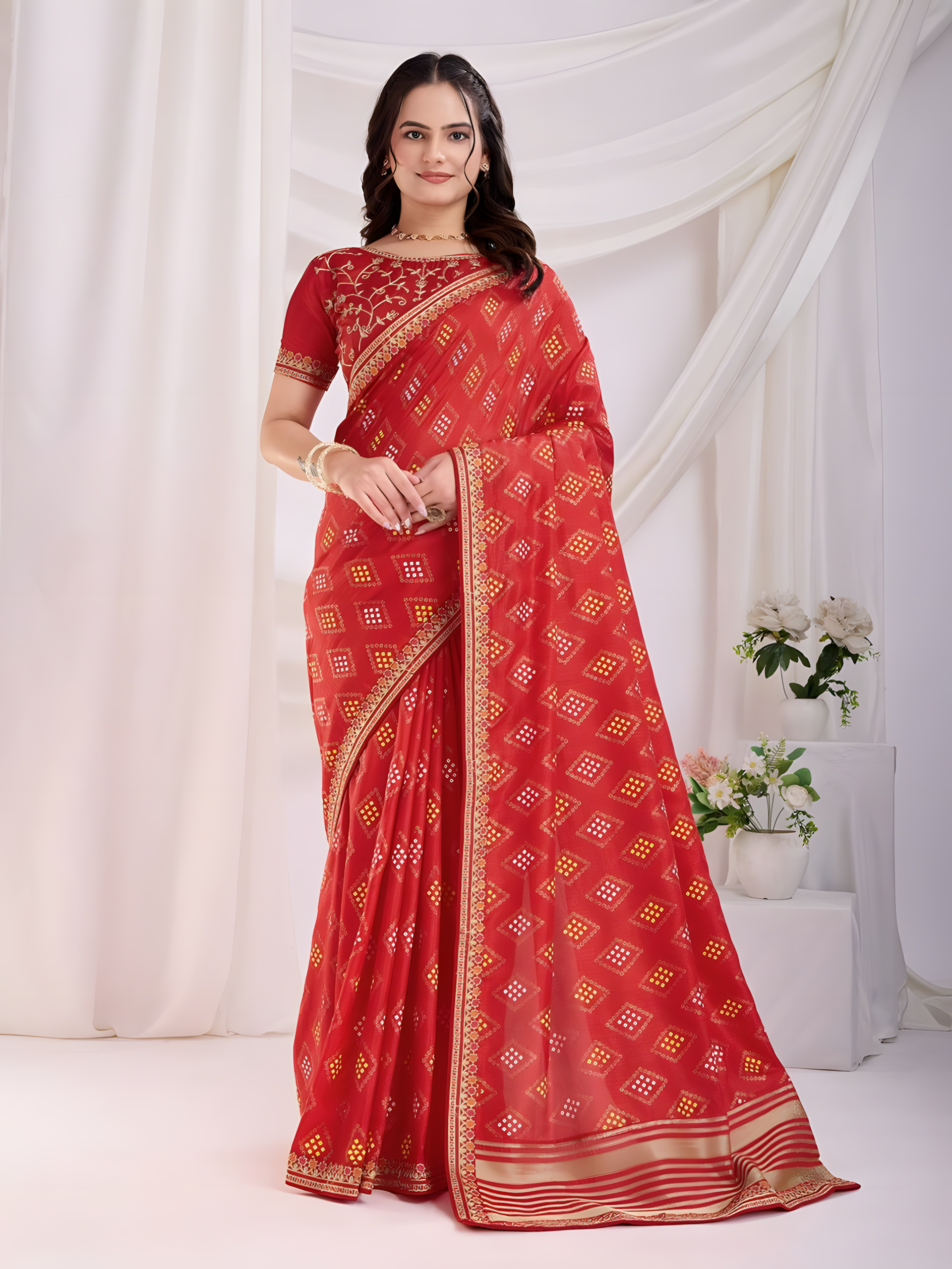 Red Vichitra silk Saree with Golden Foil bandhani print with embroidery work lace