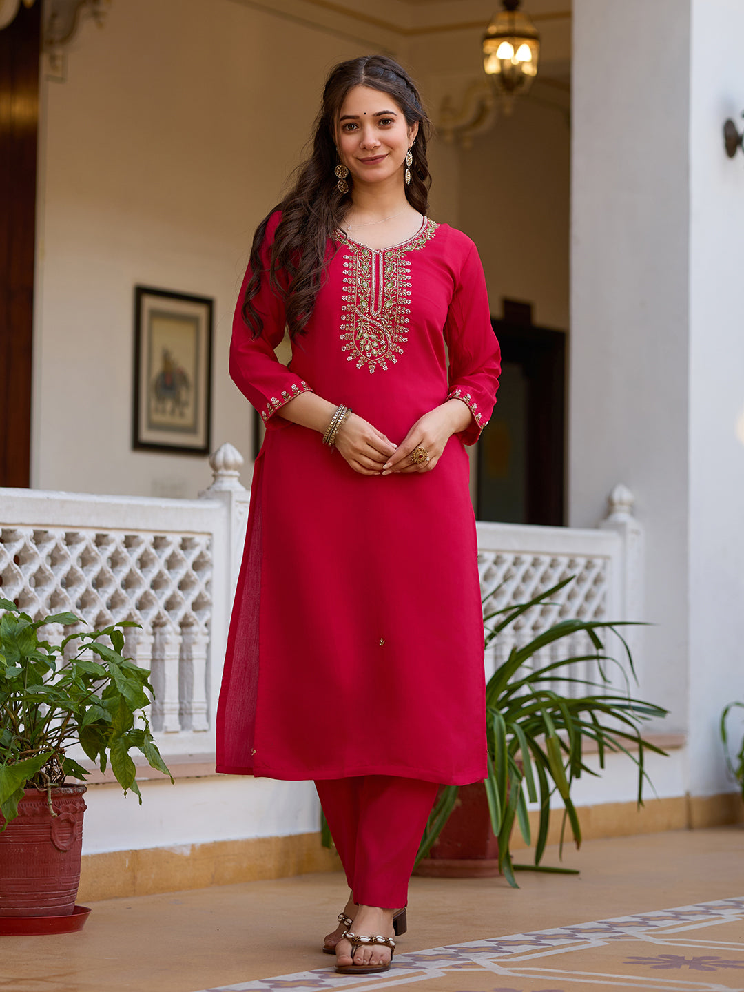 Red Viscose Chanderi Elegant Kurta Pant Set With Embroidery Work