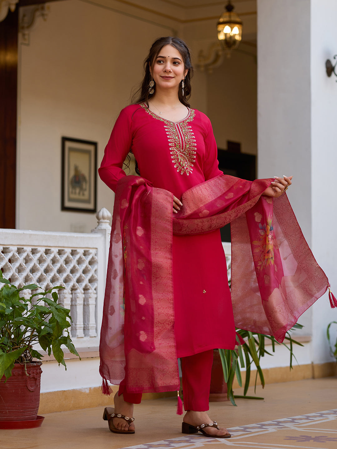 Red Viscose Chanderi Elegant Kurta Pant Set With Embroidery Work