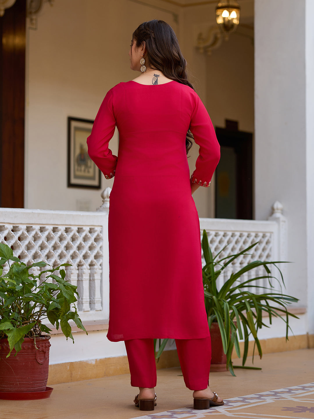 Red Viscose Chanderi Elegant Kurta Pant Set With Embroidery Work