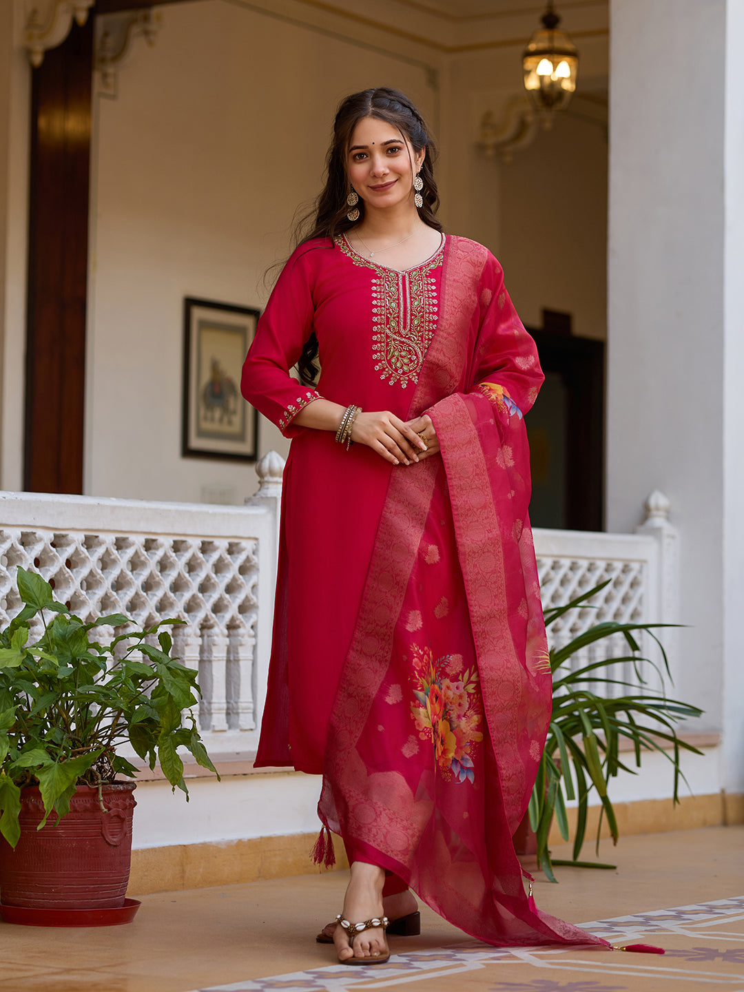 Red Viscose Chanderi Elegant Kurta Pant Set With Embroidery Work