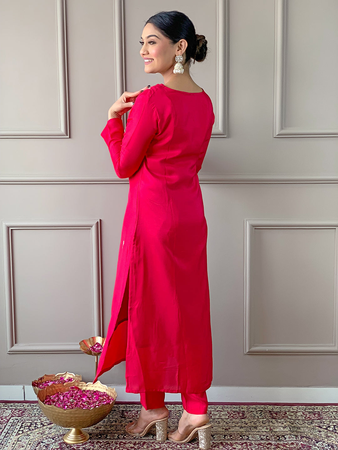 Red Viscose Elegant Kurta Pant Set With Embroidery Work
