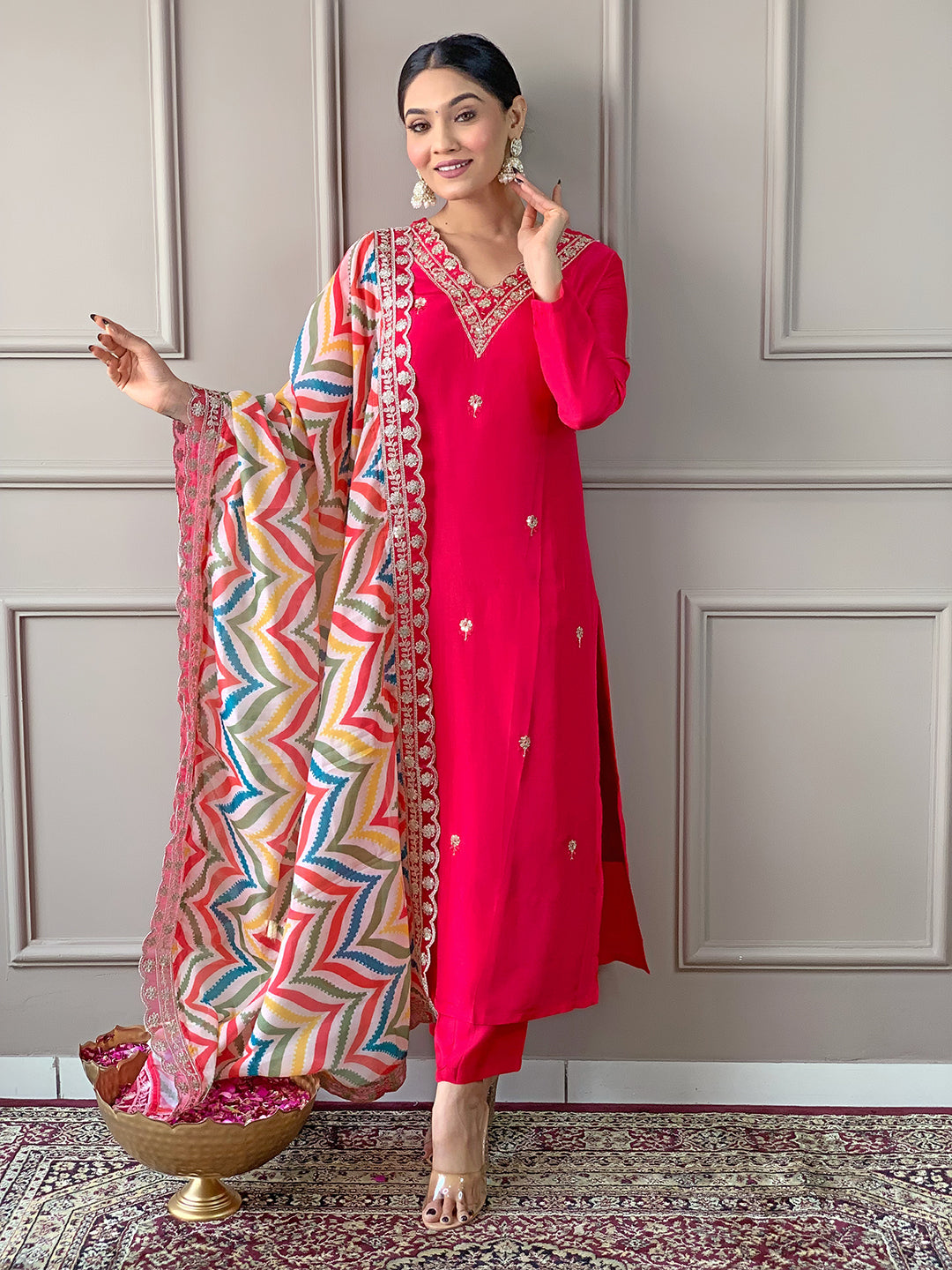 Red Viscose Elegant Kurta Pant Set With Embroidery Work