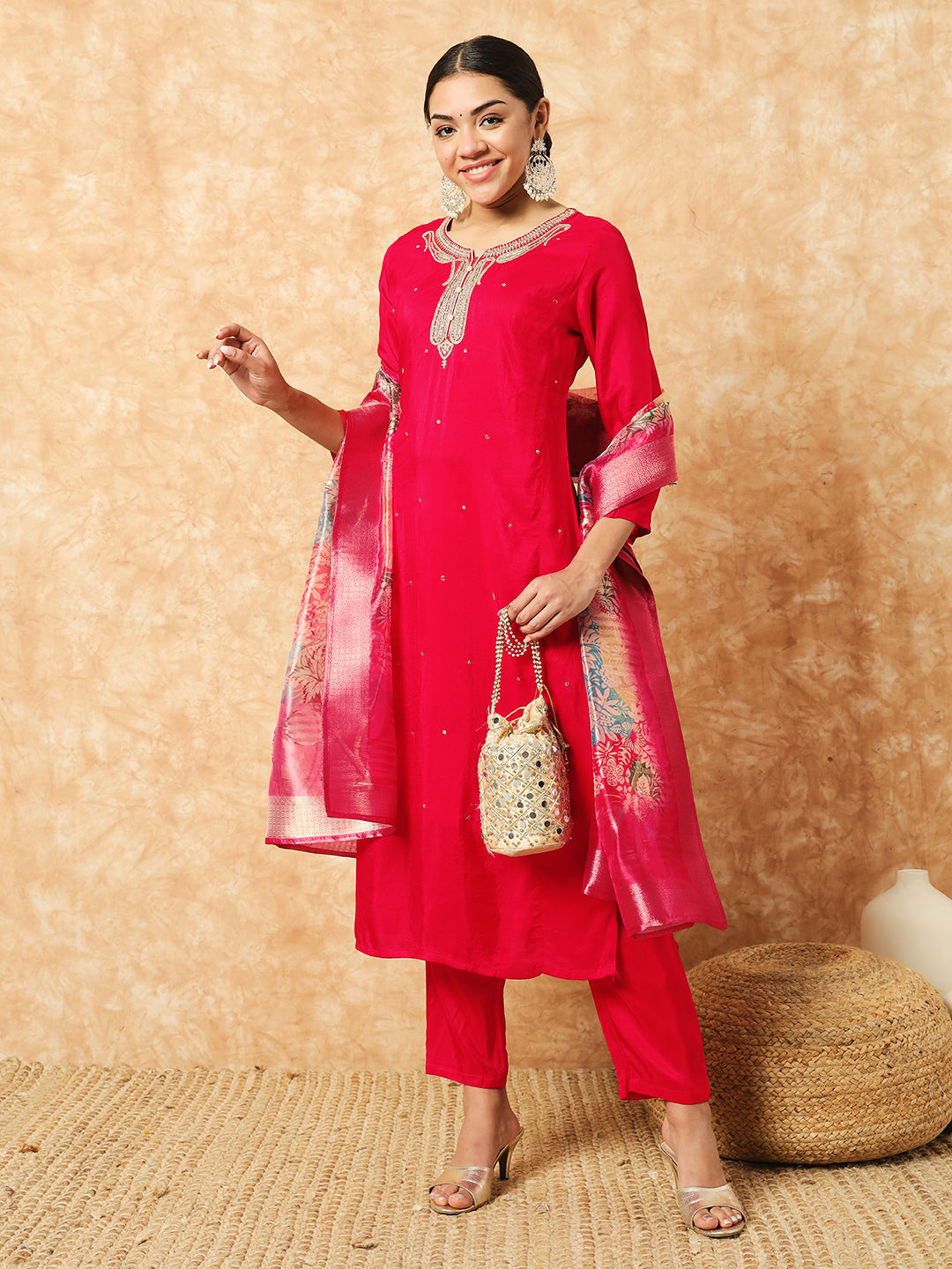 Red Viscose Elegant Kurta Pant Set With Embroidery Work
