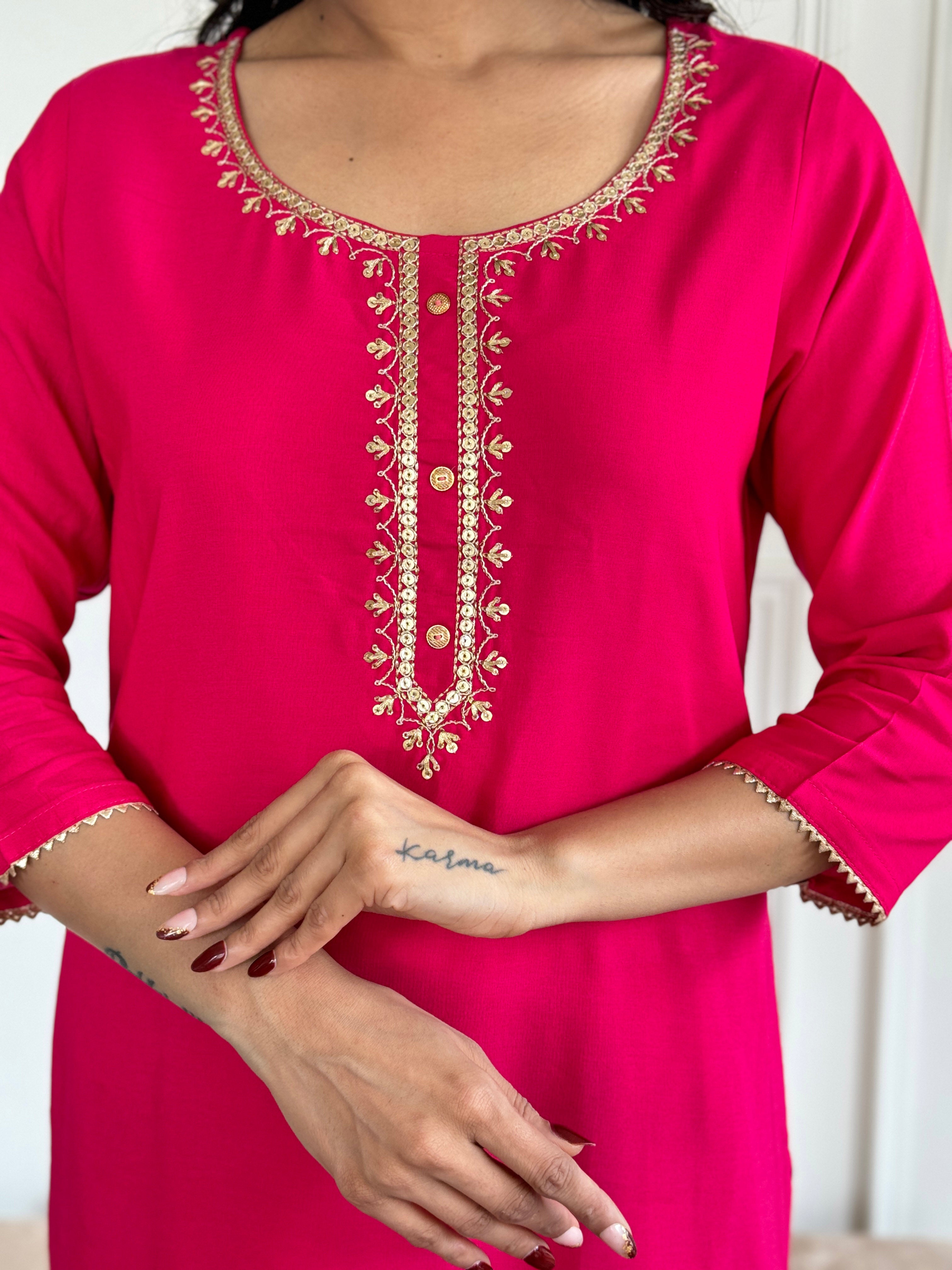 Red Viscose Elegant Kurta Pant Set With Embroidery Work