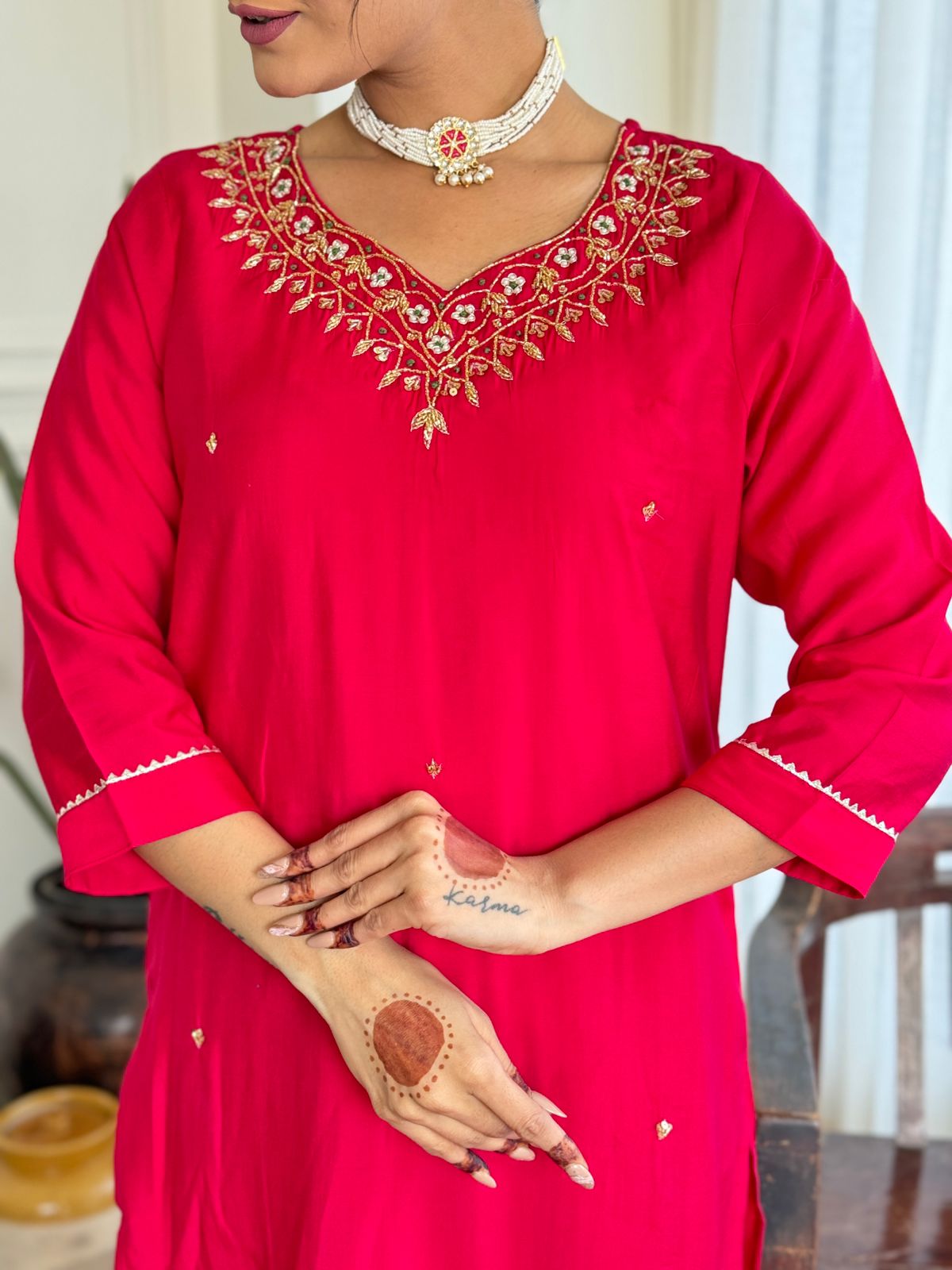 Red Viscose Elegant Kurta Pant Set With Embroidery Work