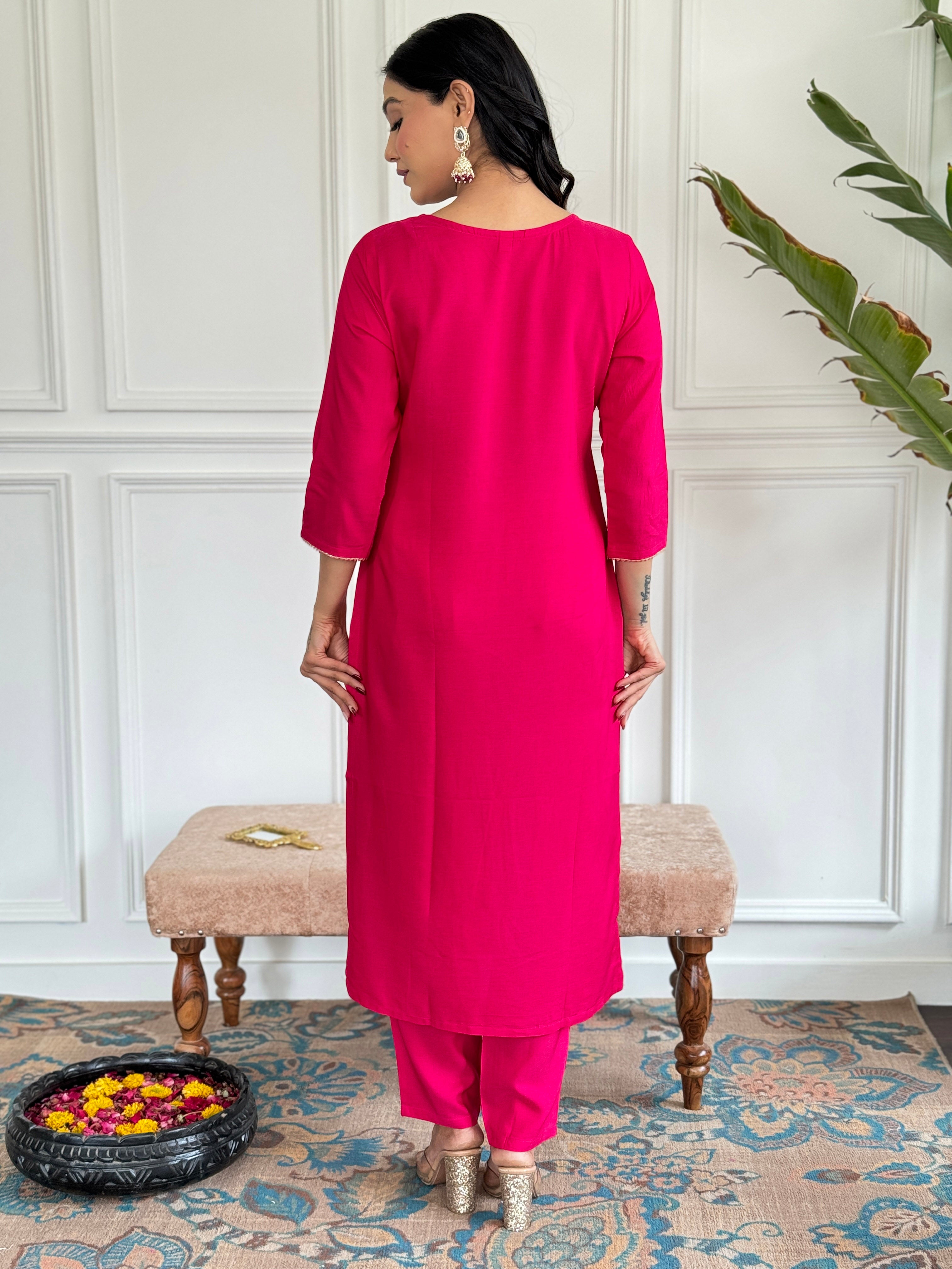Red Viscose Elegant Kurta Pant Set With Embroidery Work
