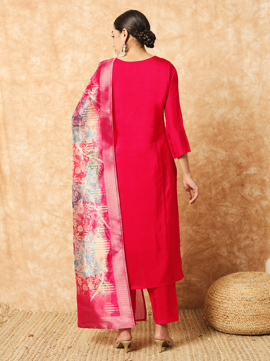 Red Viscose Elegant Kurta Pant Set With Embroidery Work