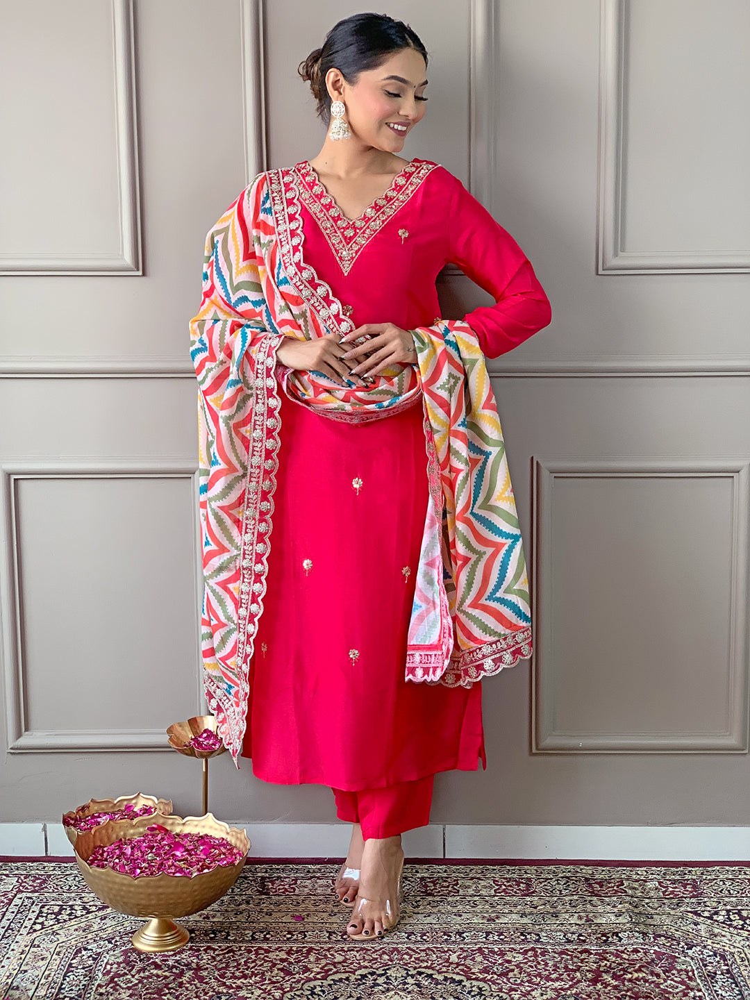 Red Viscose Elegant Kurta Pant Set With Embroidery Work