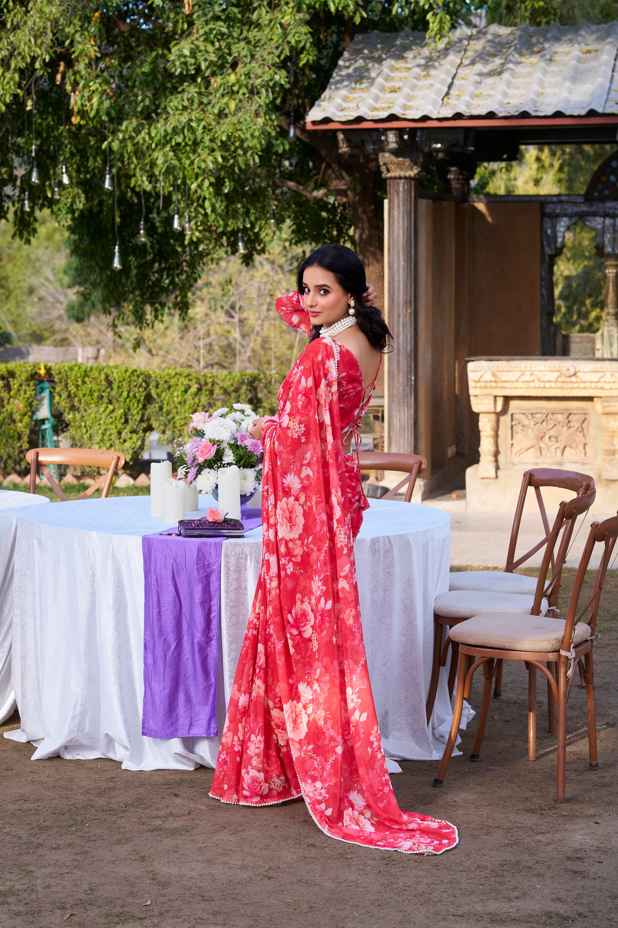 Red Weightless Marble Print Saree with Pearl Lace Border