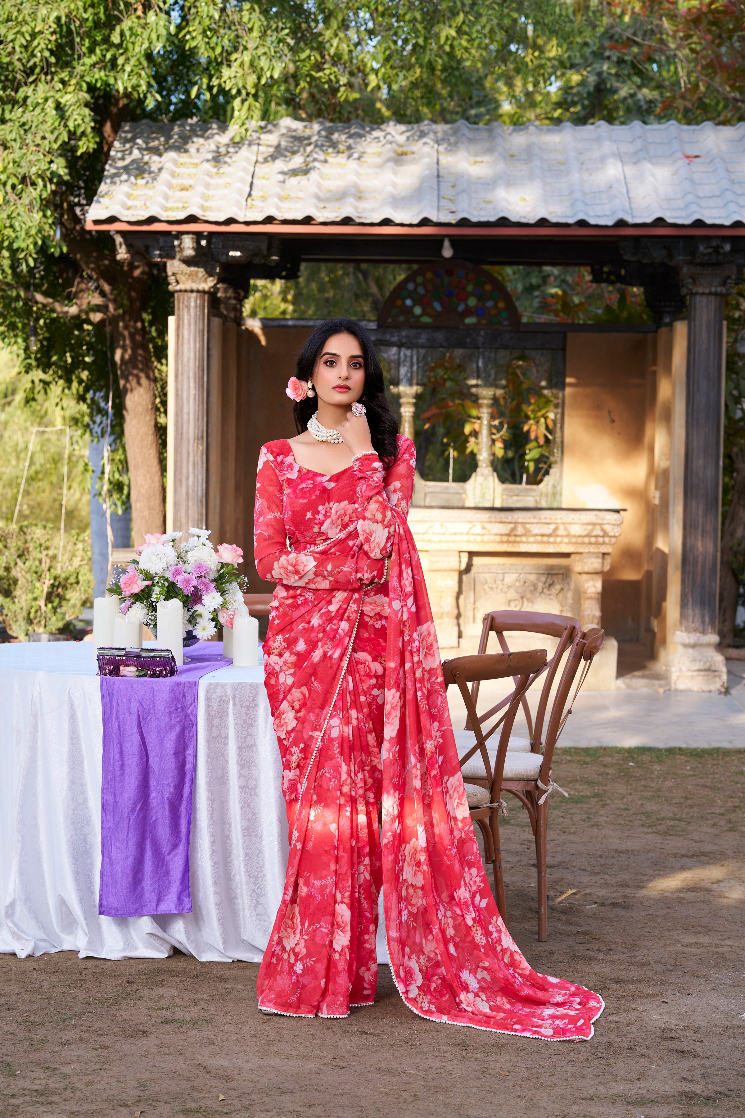 Red Weightless Marble Print Saree with Pearl Lace Border