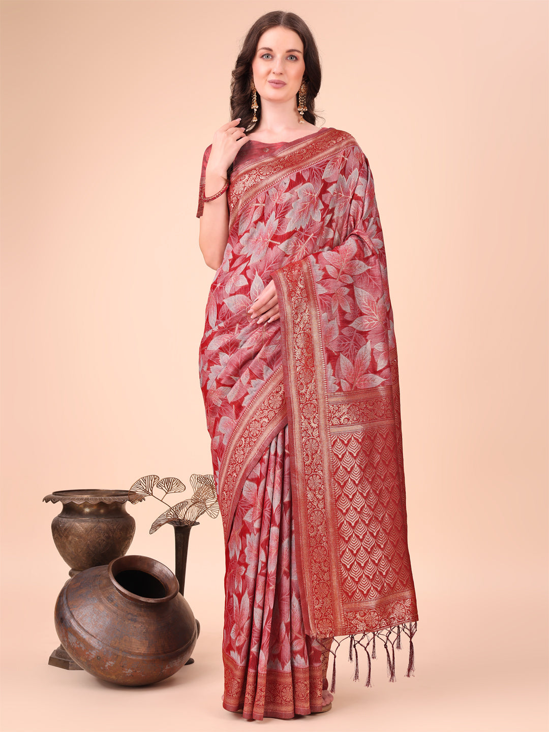 Red Woven Jacquard Designer With Floral Printed Cotton Ceremonial Saree