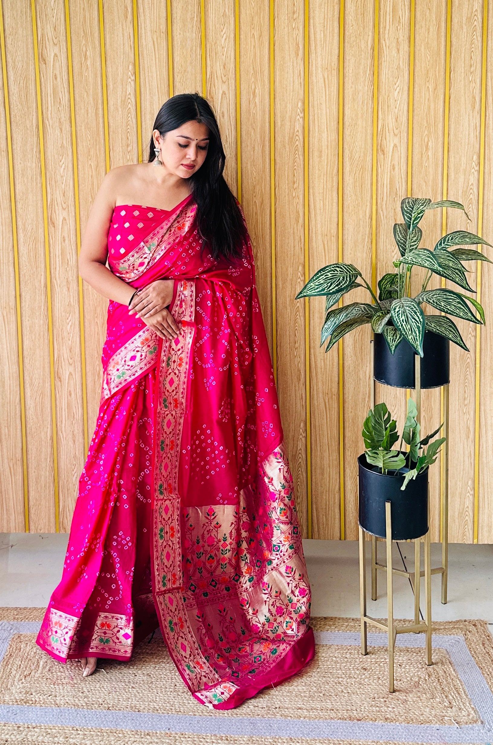 Red Woven Paithani Designer With Bandhej Printed Beautiful Ceremonial Saree