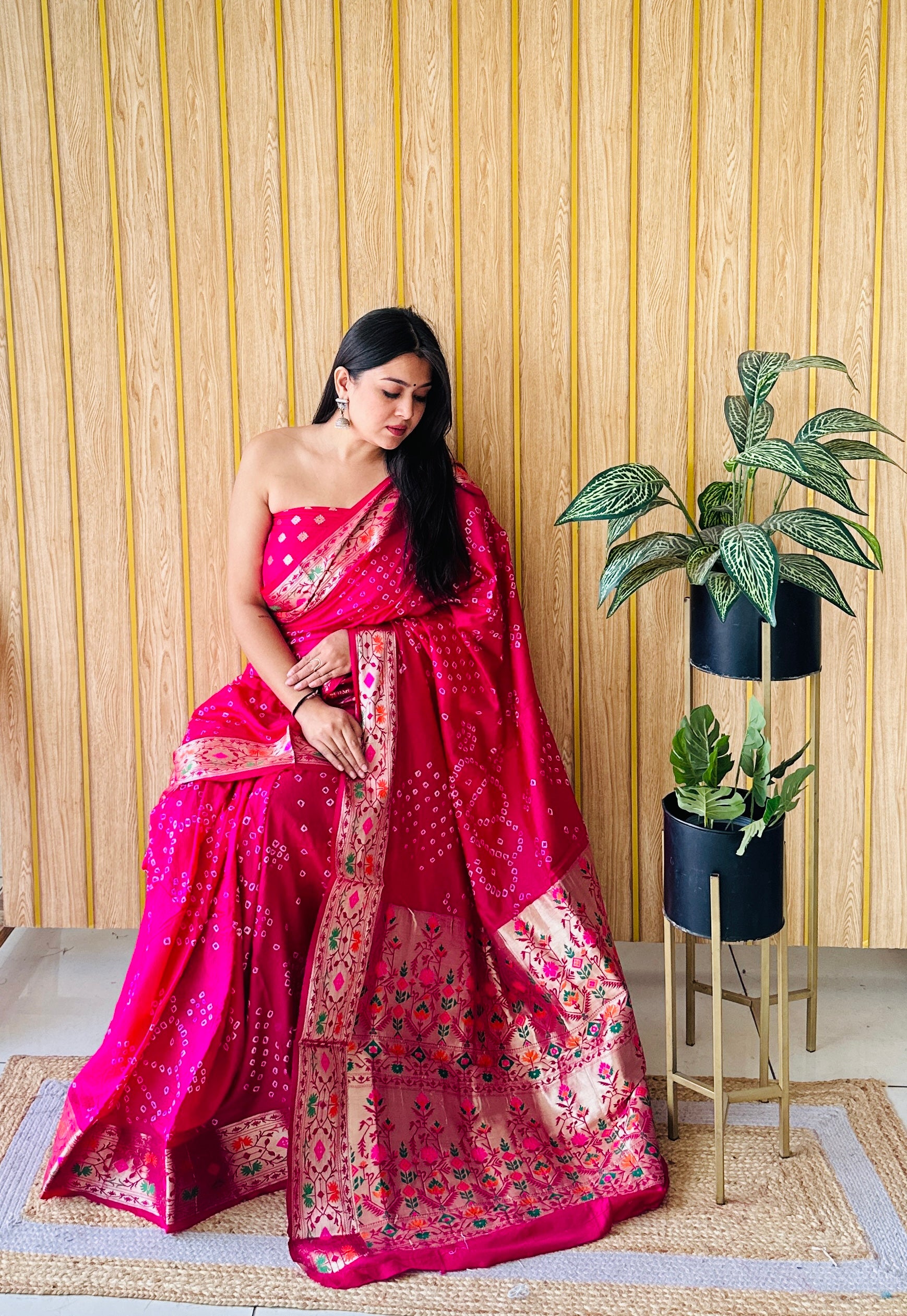 Red Woven Paithani Designer With Bandhej Printed Beautiful Ceremonial Saree