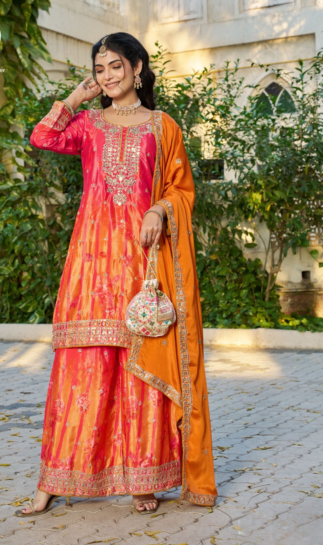 Red & Orange Chinon Designer Suit Set With Embroidered Elegance