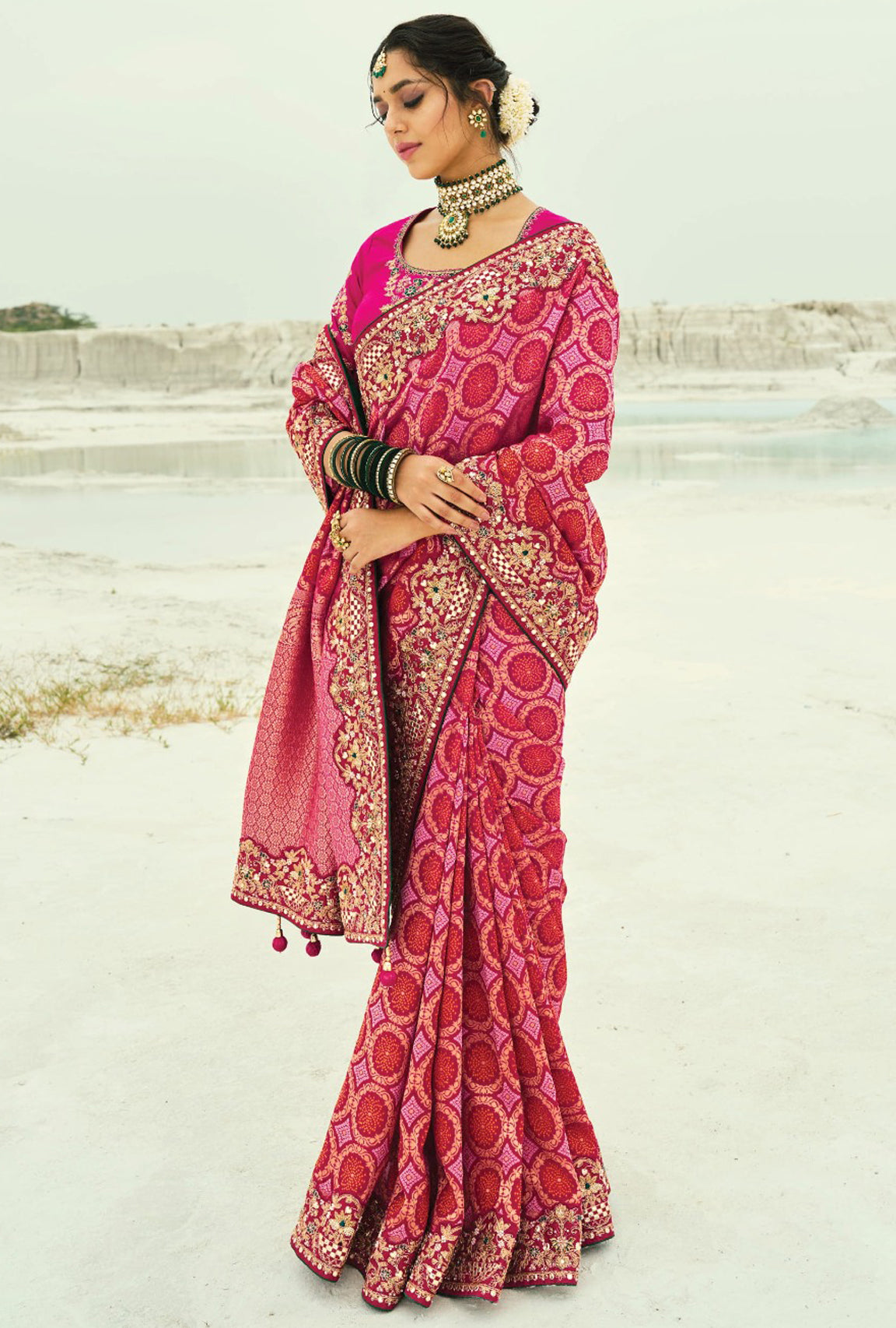 Red & Rani Bandhej Saree with Heavy Hand Work Border With Embroidery Blouse
