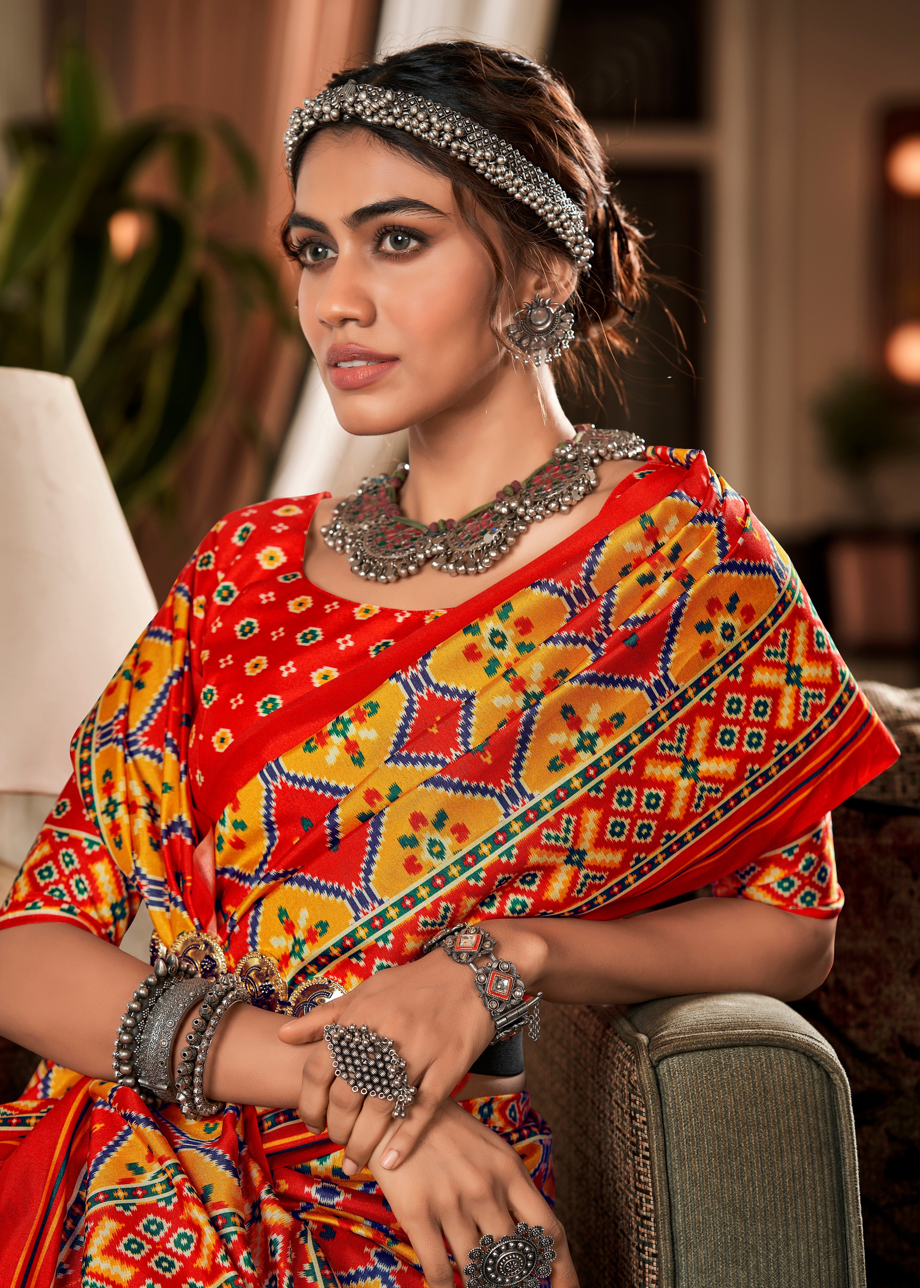 Red and Mustard Tussar Silk Saree With Patola Digital Print with Lagadi Patta Pallu