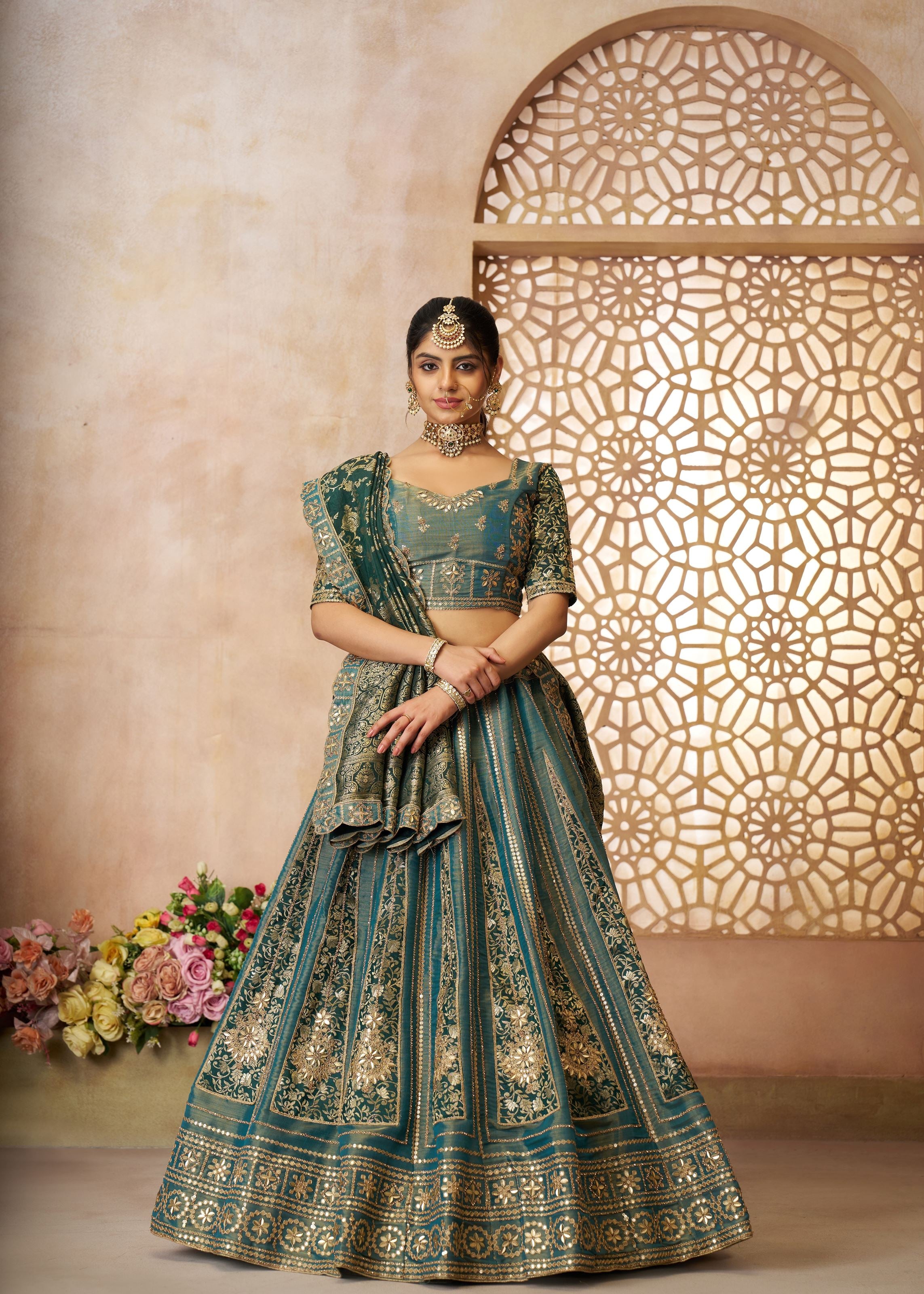 Regal Green Tissue Base, Banarasi Patches and Zari Work Designer Lehenga