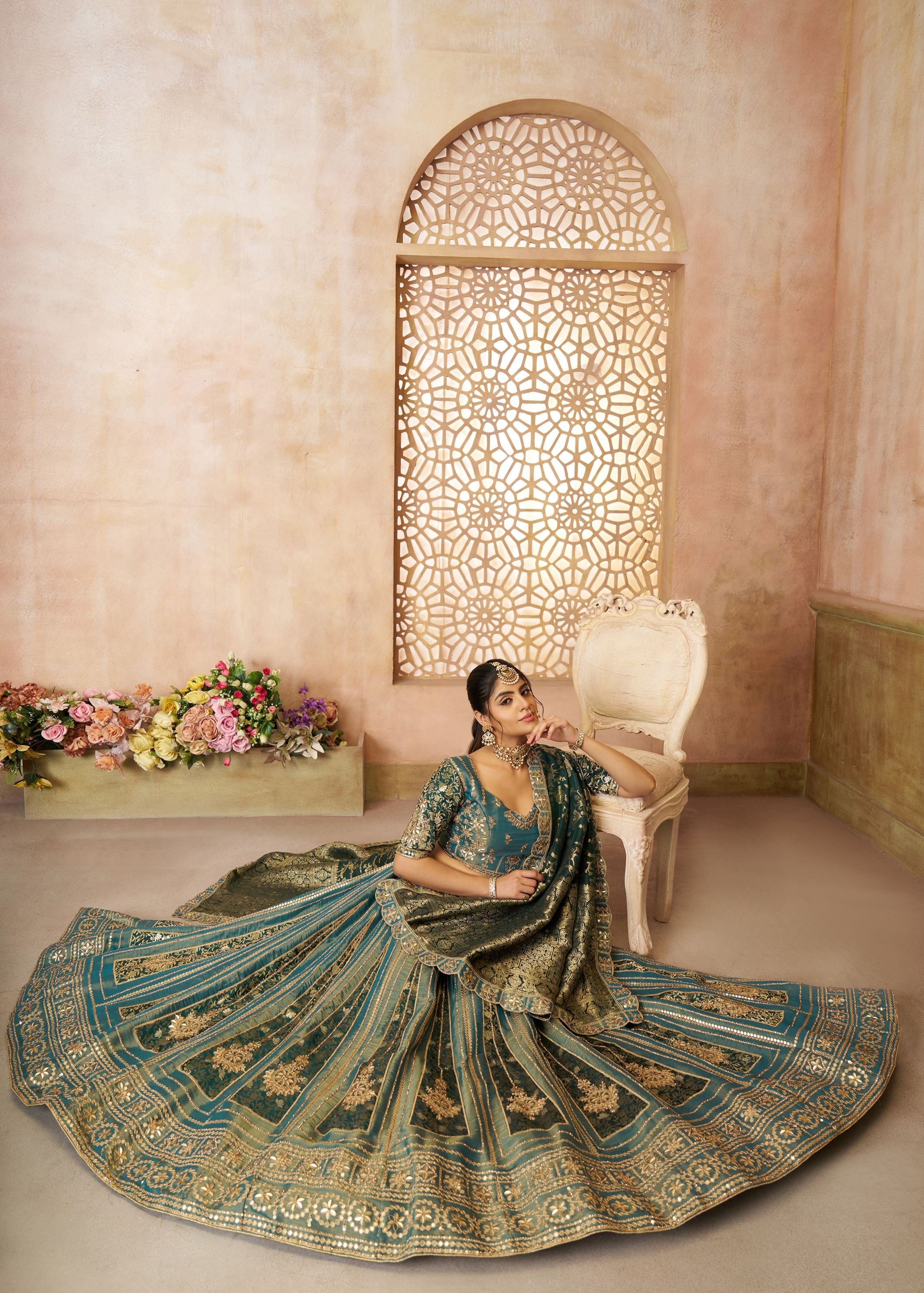 Regal Green Tissue Base, Banarasi Patches and Zari Work Designer Lehenga