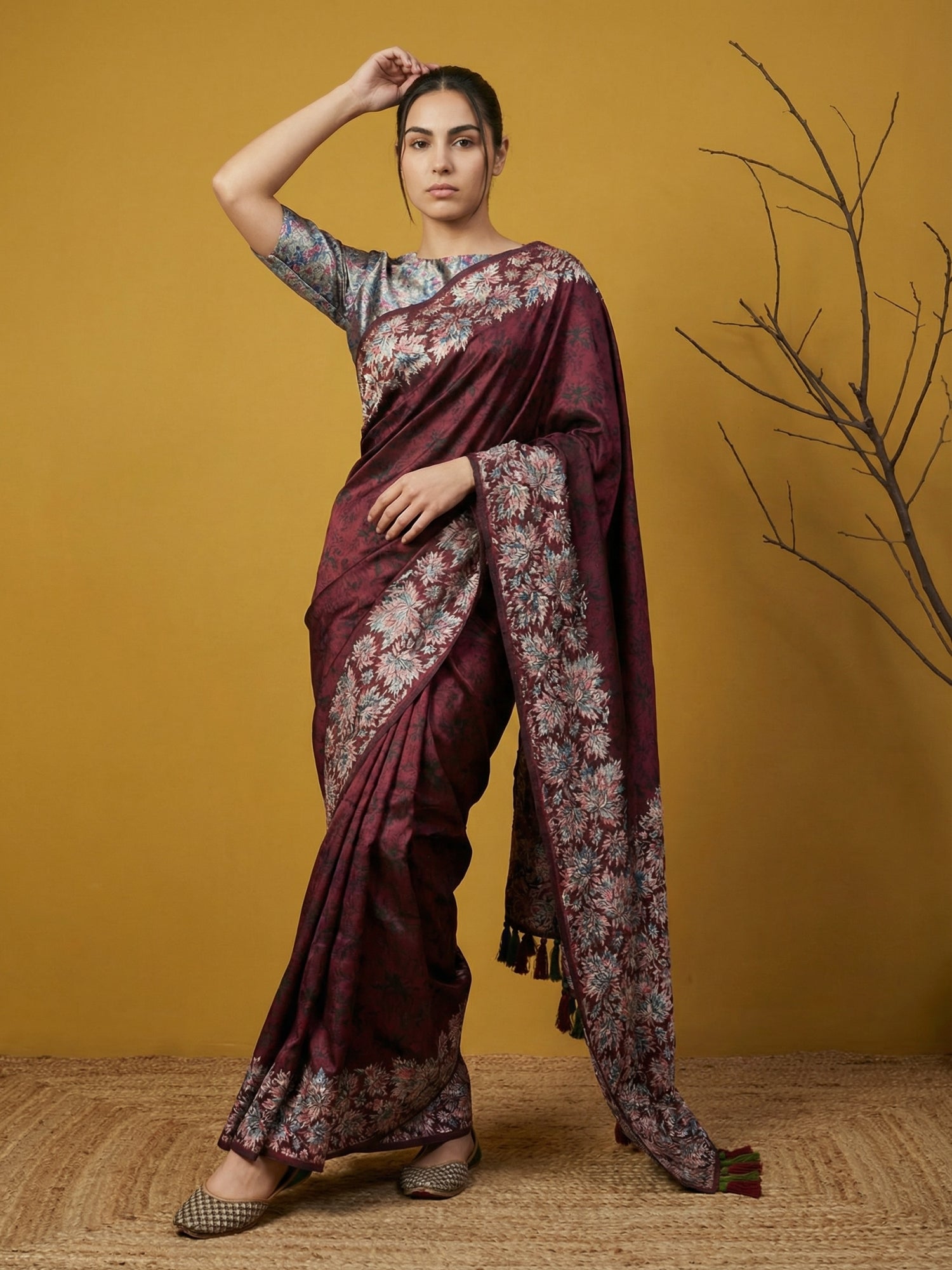 Regal Maroon Soft Silk Saree with Artistic Print & Woven Work