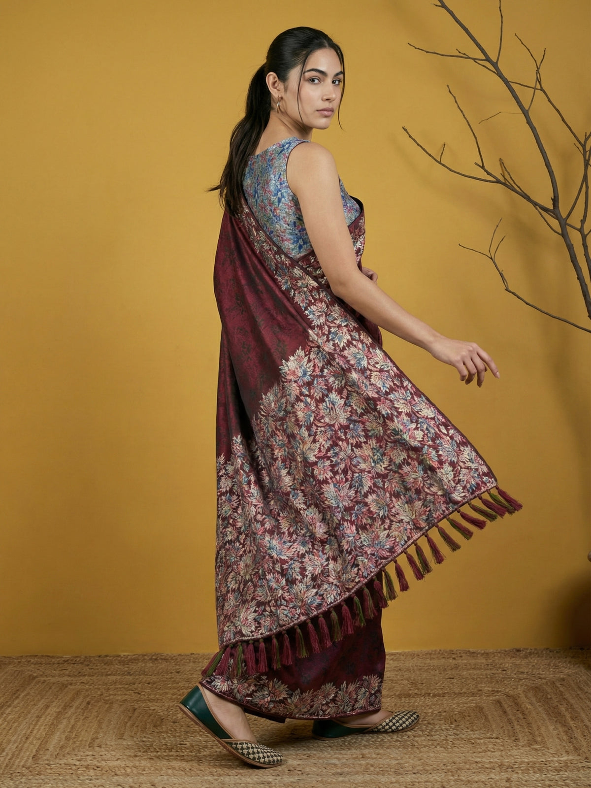 Regal Maroon Soft Silk Saree with Artistic Print & Woven Work