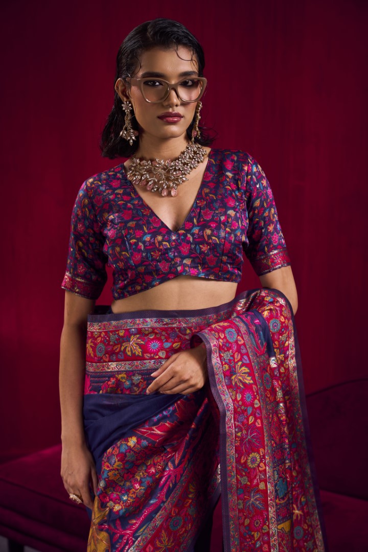 Regal Navy Blue Modal Pashmina Saree with Handloom Zari Work