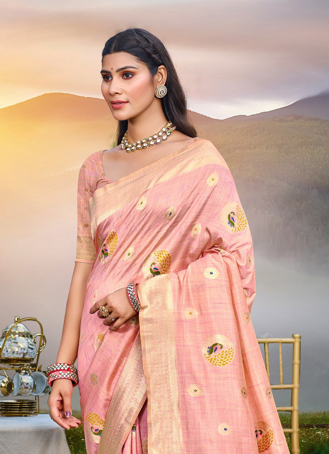 Regal Sea Green Assam Silk Meenakari Festival Saree