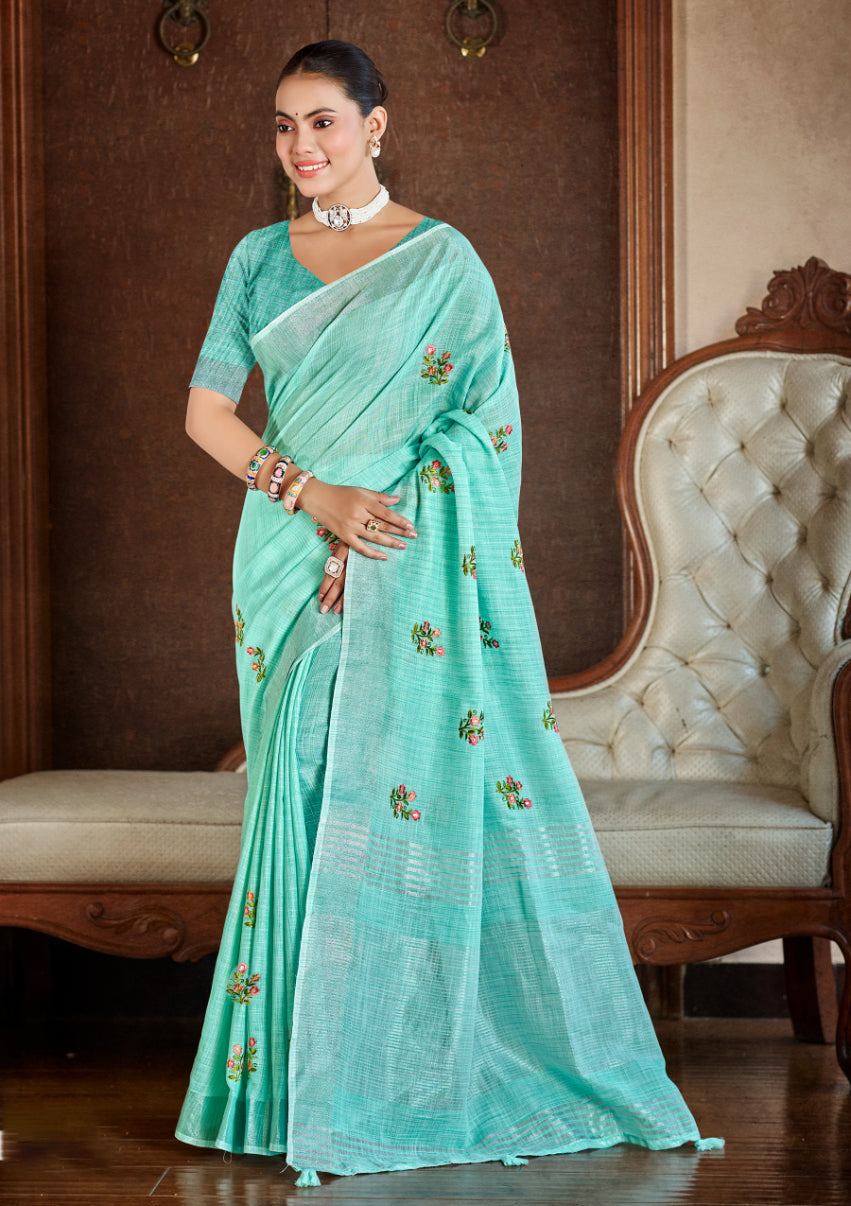 Regal Sea Green Linen Festival Saree for Women