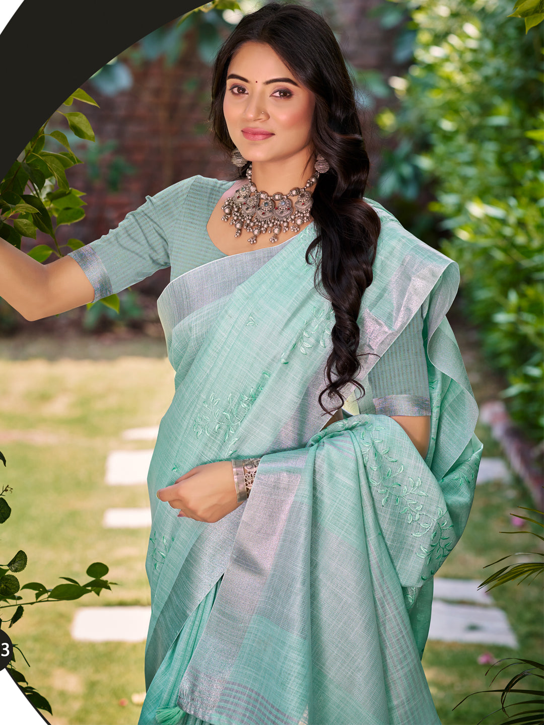 Resplendent Sea Green Linen Festival Saree for Women