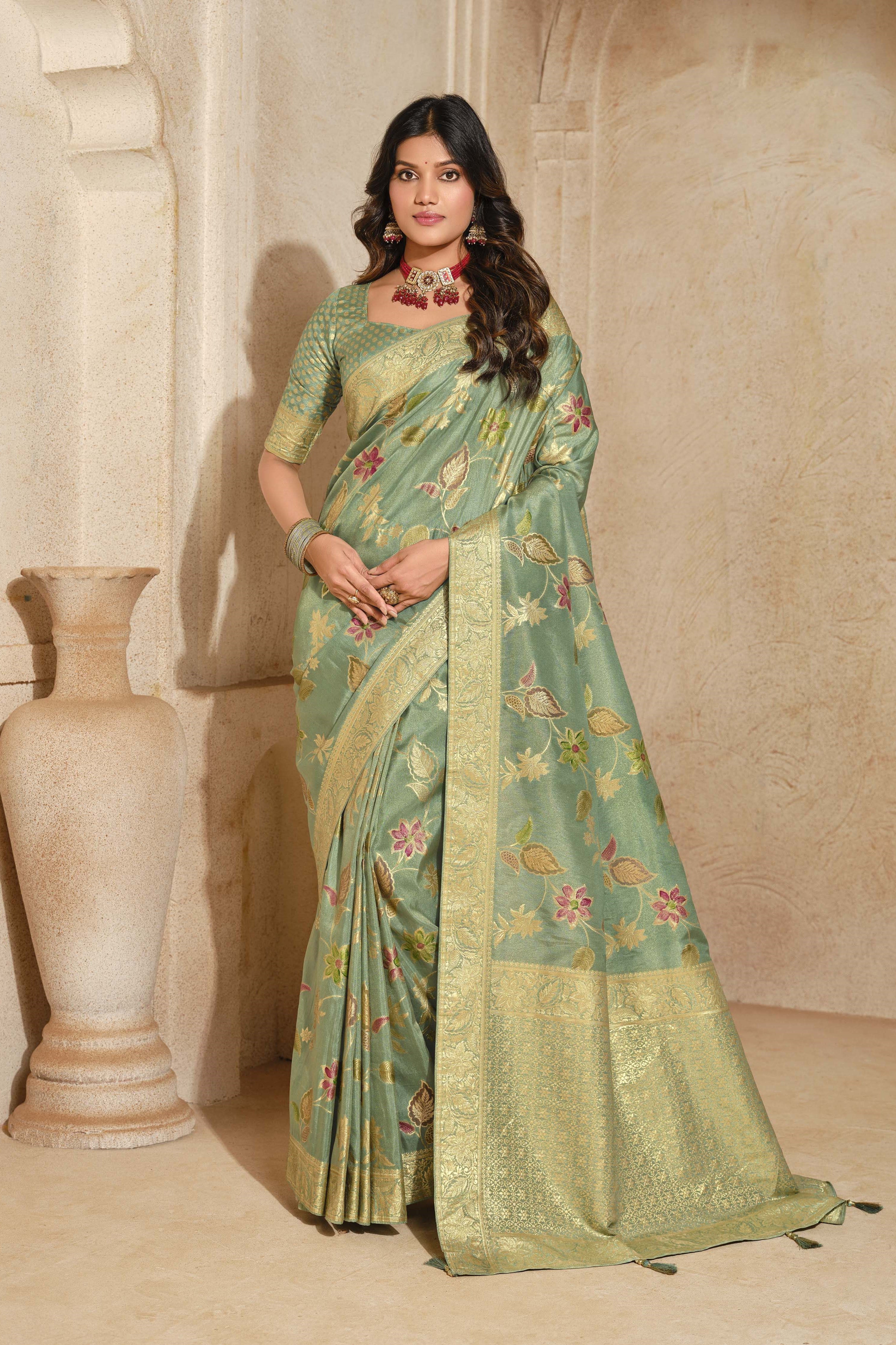Rich And Heavy Woven Jari Designer Green Partywear Silk Saree