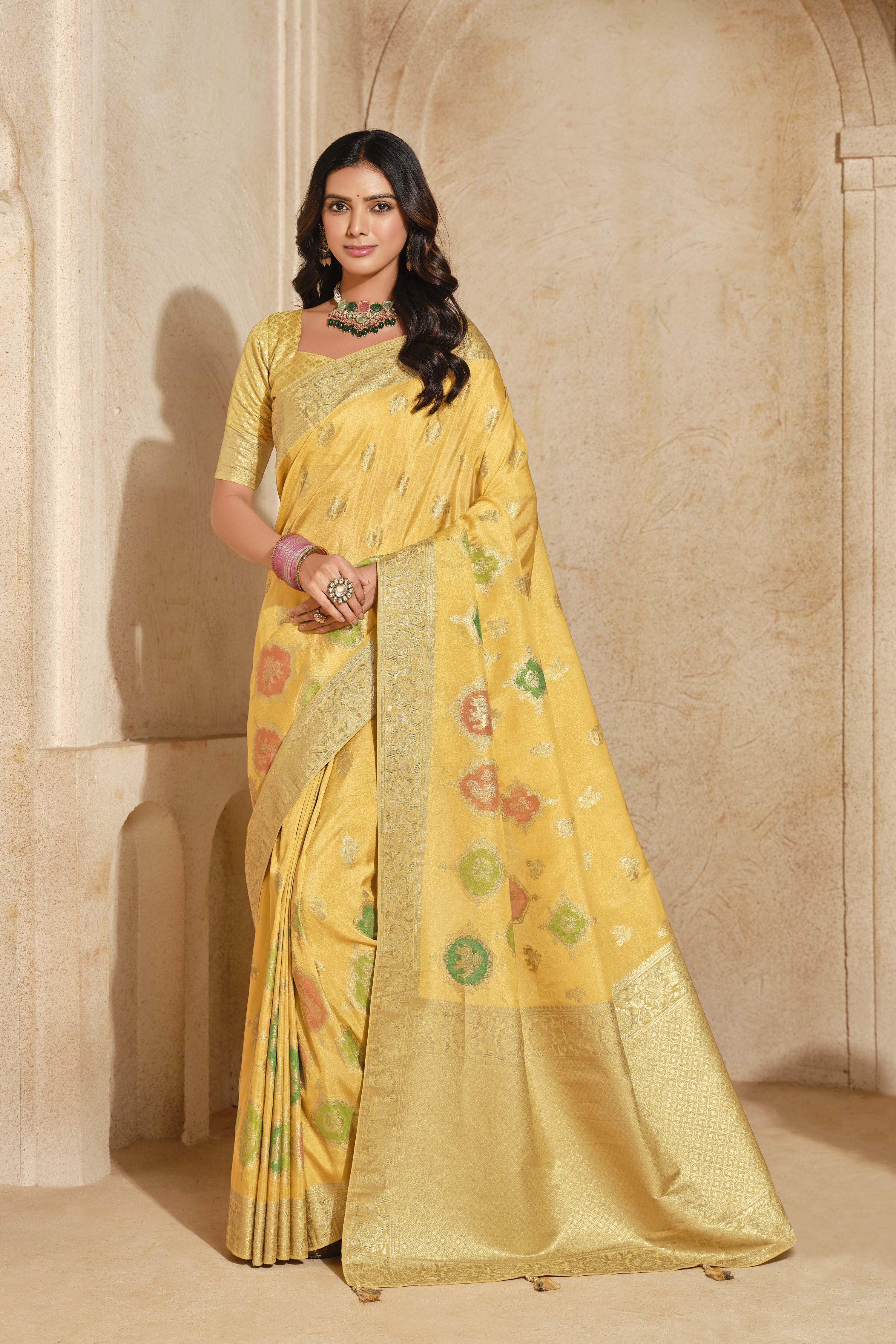 Rich And Heavy Woven Jari Designer Yellow Partywear Silk Saree