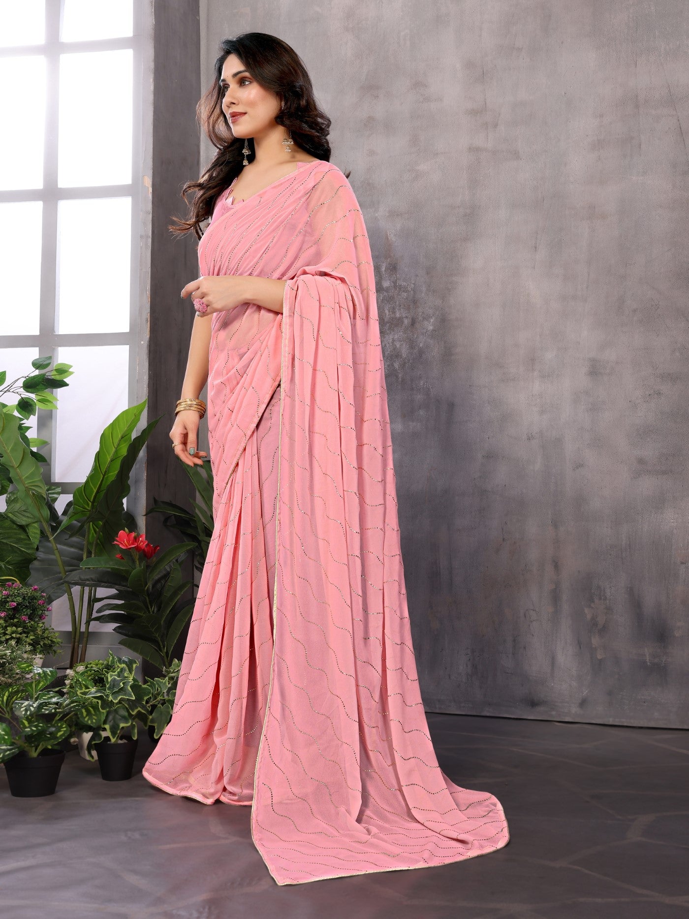 Rose Georgette Saree With Mukesh Work Saree