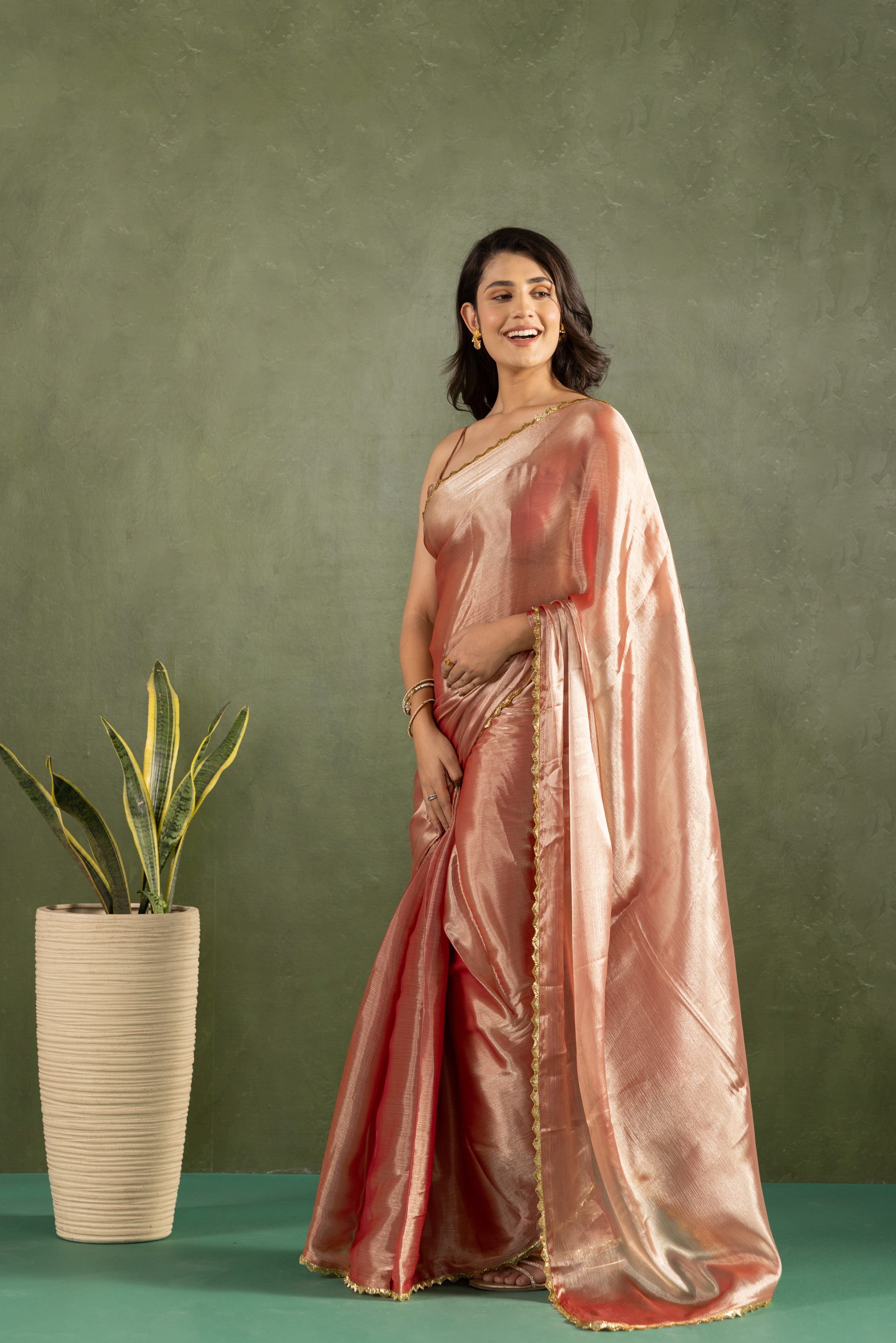 Rose Gold Chiffon Ready To Wear Designer Solid Partywear Saree