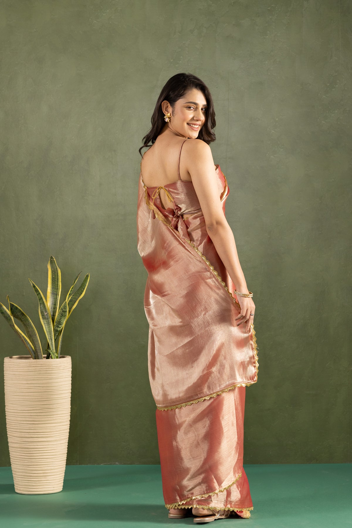 Rose Gold Chiffon Ready To Wear Designer Solid Partywear Saree