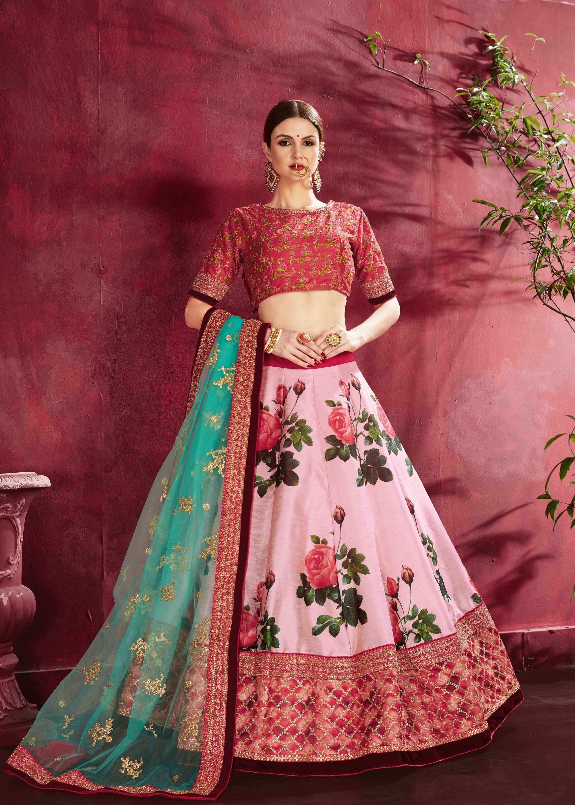 Rose Pink Lehenga Choli With Floral Print, Dori, Zari And Sequins Embroidery