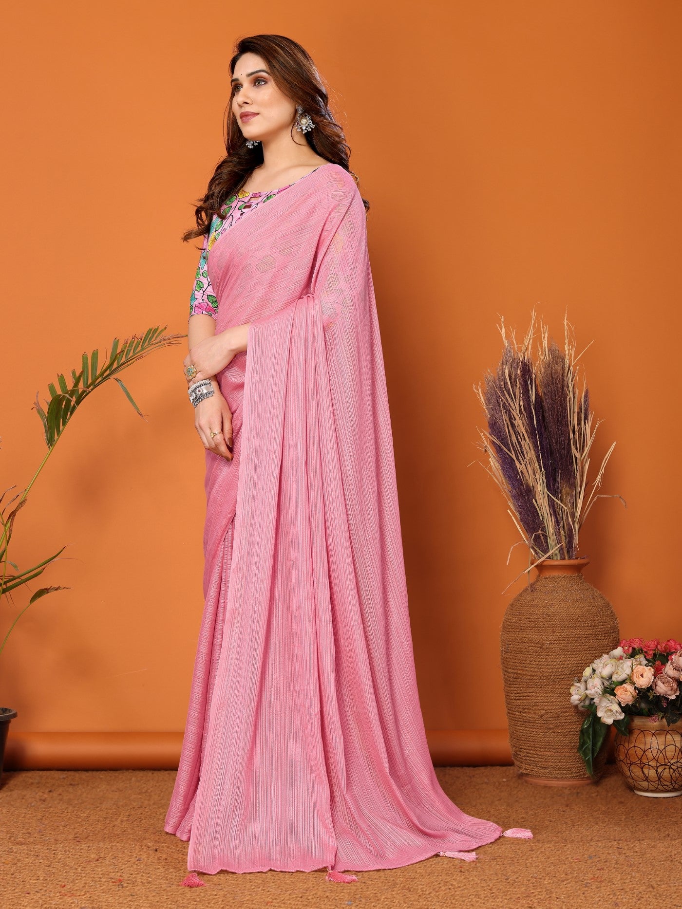 Rose Polyester Zari Saree With Plain Saree With Kalamkari Print Blouse