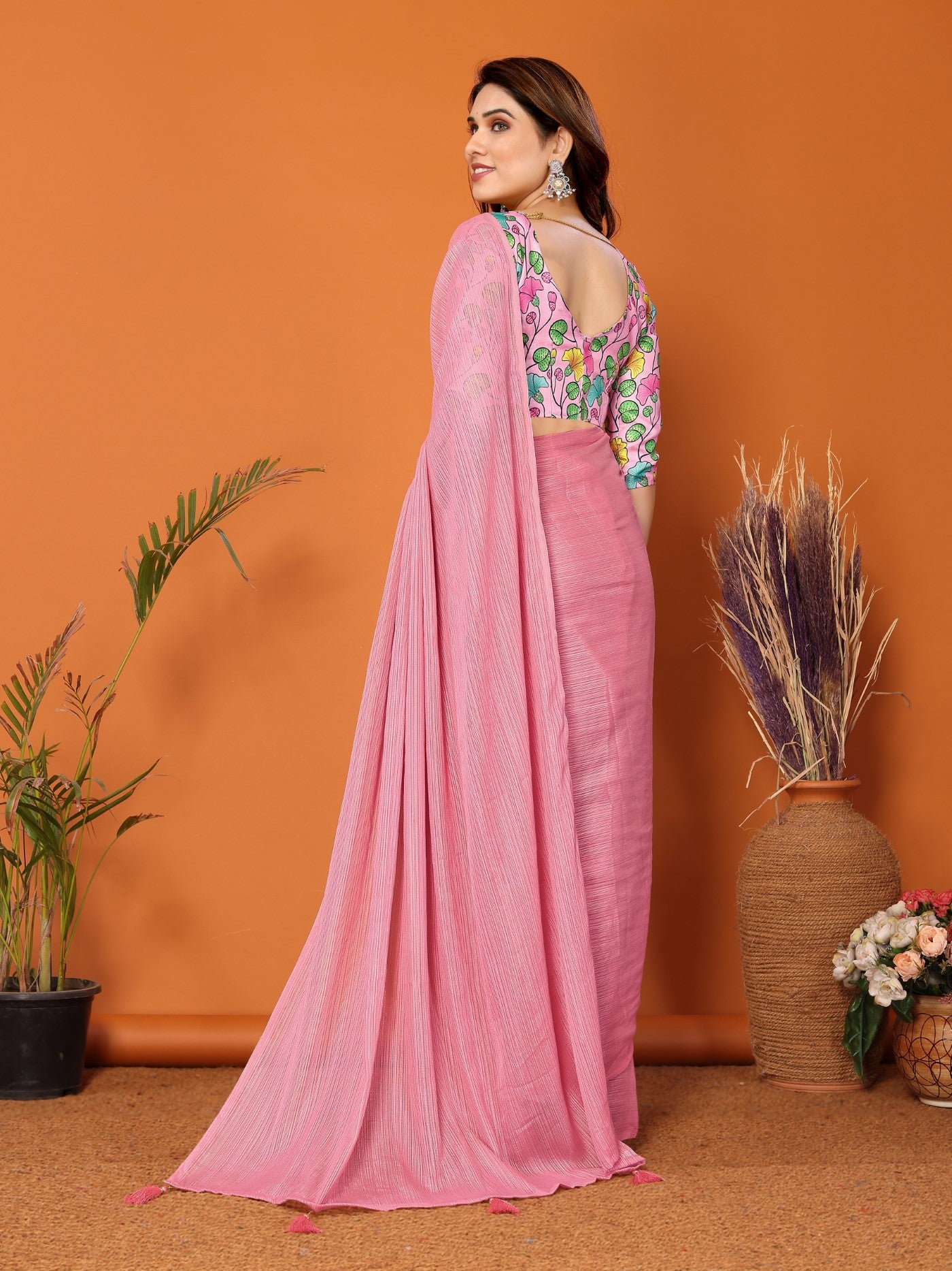 Rose Polyester Zari Saree With Plain Saree With Kalamkari Print Blouse
