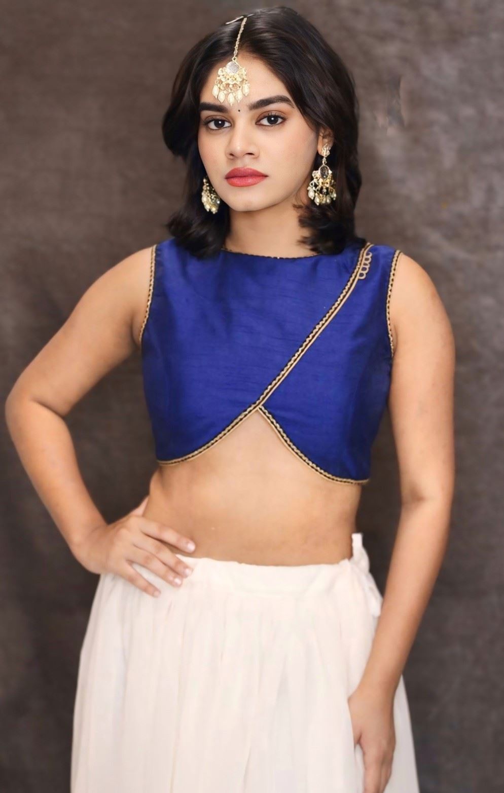 Royal Blue Art Silk Blouse With Overlapping Design