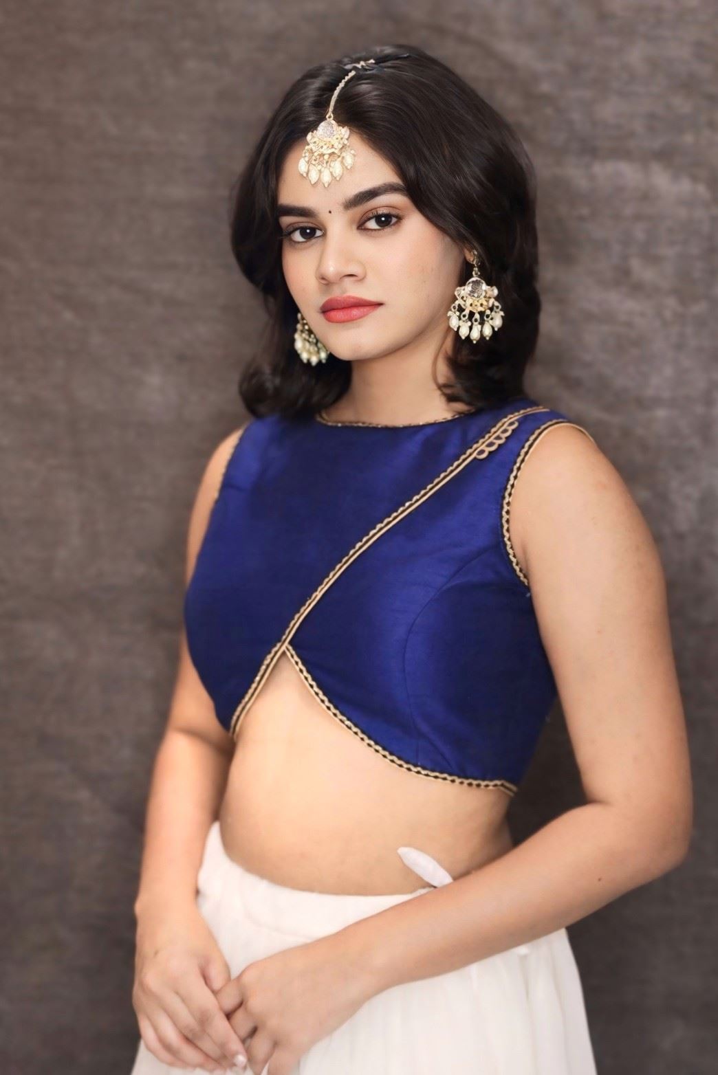 Royal Blue Art Silk Blouse With Overlapping Design