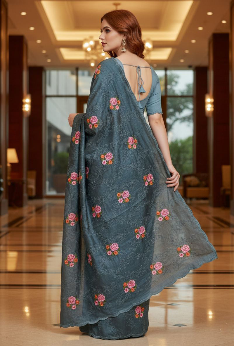 Royal Blue Manipuri Silk Saree with Sequins Embroidery Cut Work