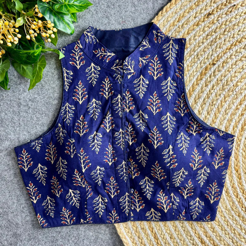 Royal Blue Pure Cotton Ajrakh Print High Neck Saree Blouse for Women