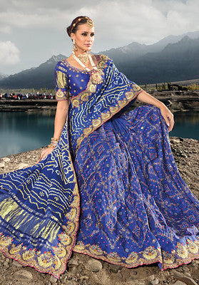 Royal Blue Pure Gajji Bandhej Satin Saree With Embroidred With Mirror, Moti and Cut Dana Work