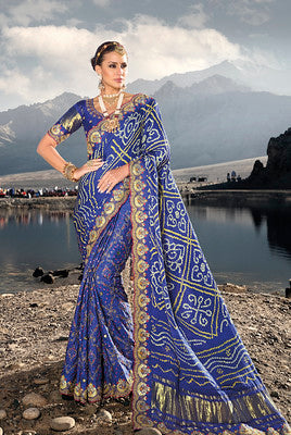 Royal Blue Pure Gajji Bandhej Satin Saree With Embroidred With Mirror, Moti and Cut Dana Work