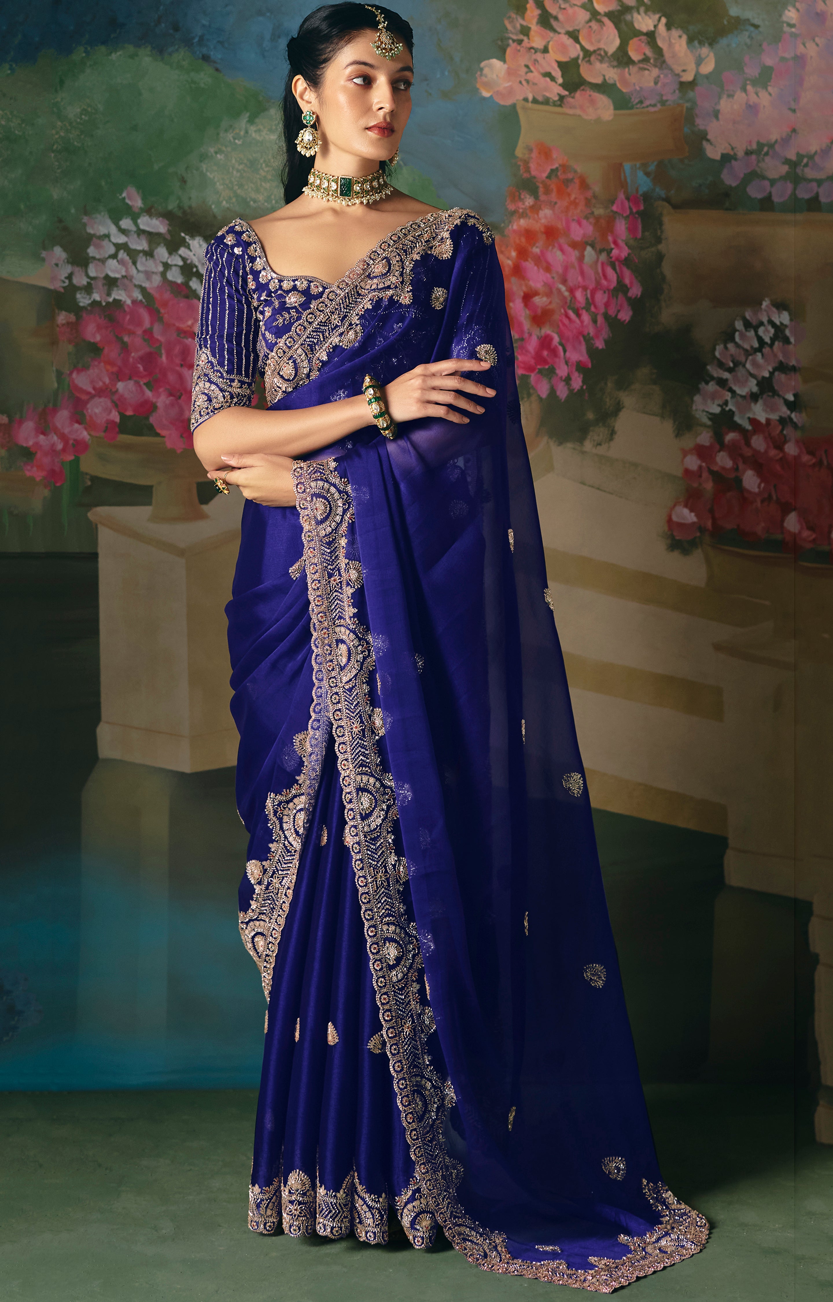Royal Blue Saree With Heavy Designer Embroidery, Sequince, Stone, With Beads Work