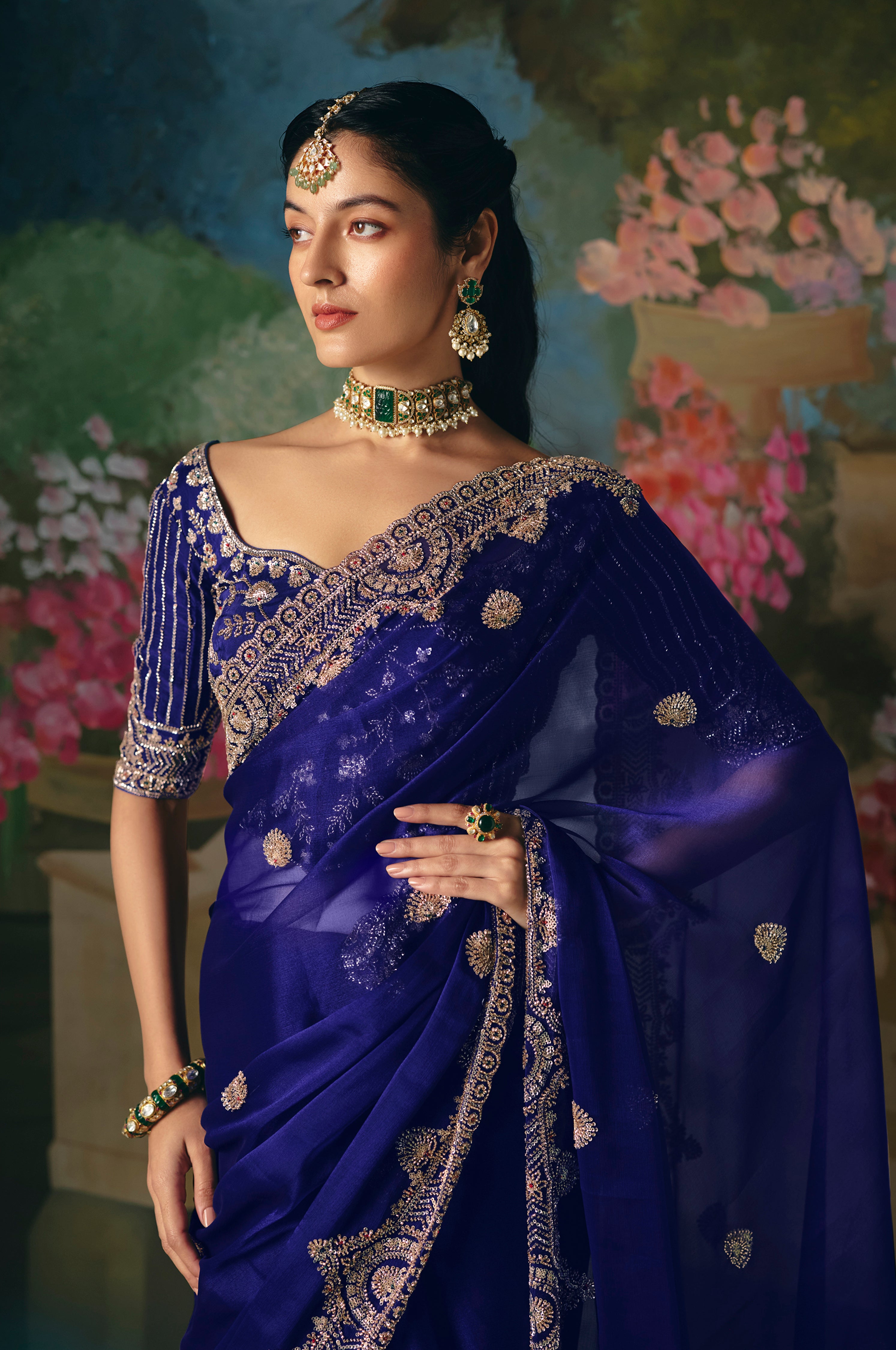 Royal Blue Saree With Heavy Designer Embroidery, Sequince, Stone, With Beads Work