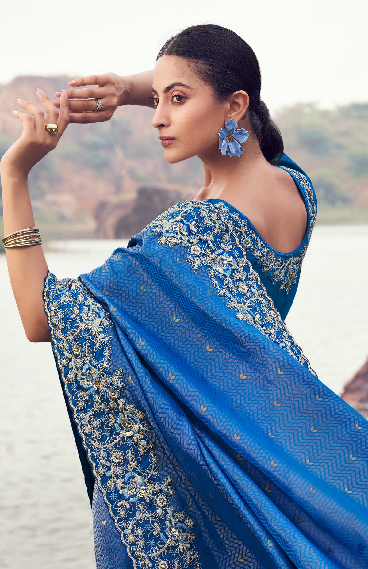 Royal Blue Saree With Jacquard Woven With Embroidered Border & Blouse