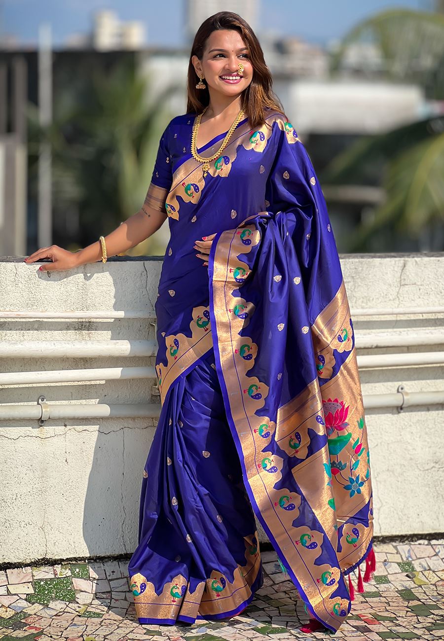 Royal Blue Silk Blend Paithani Saree